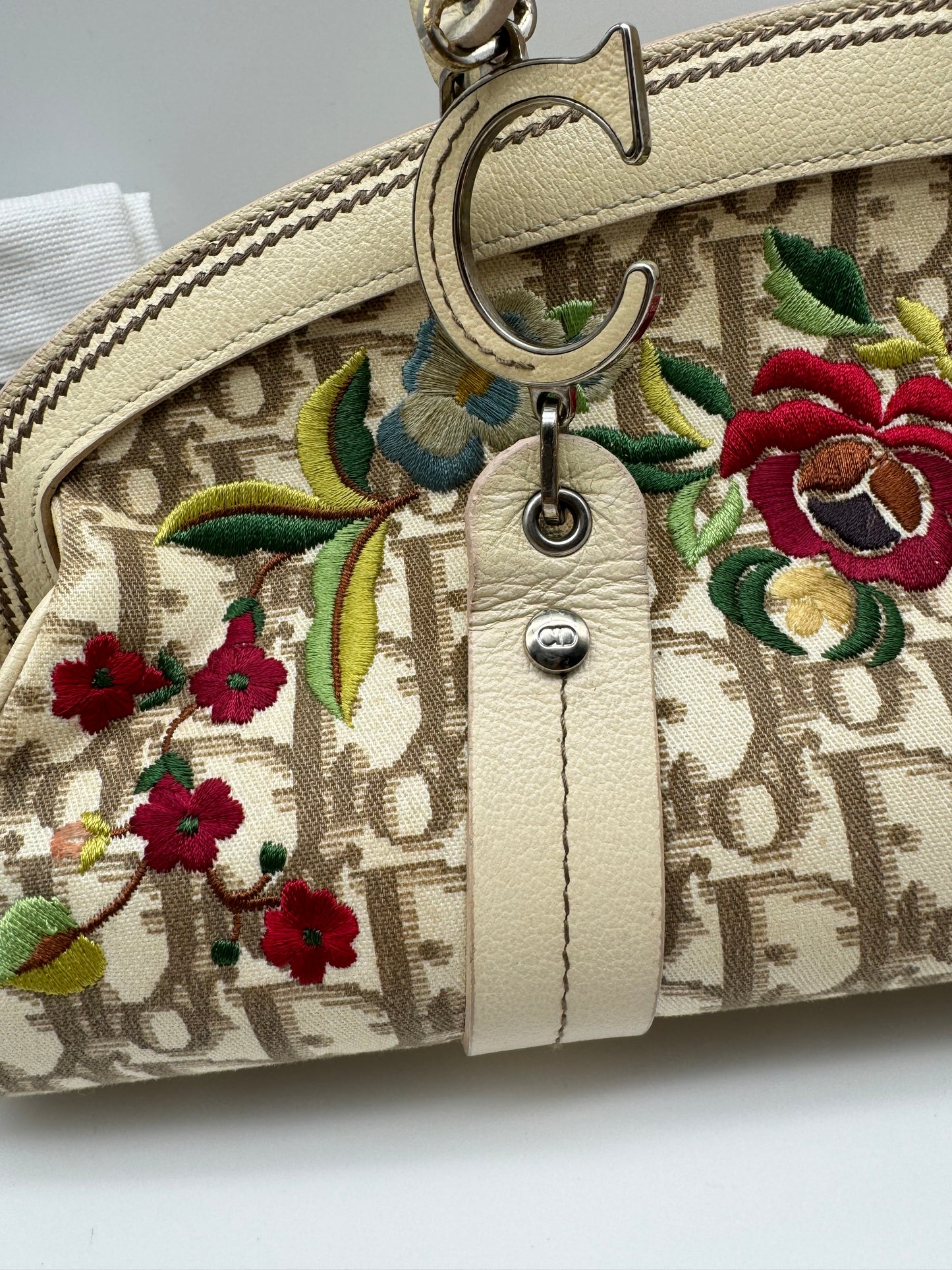 Authentic Christian Dior Beige Trotter Cloth Multi-Color Embroidered Floral Bowler Bag