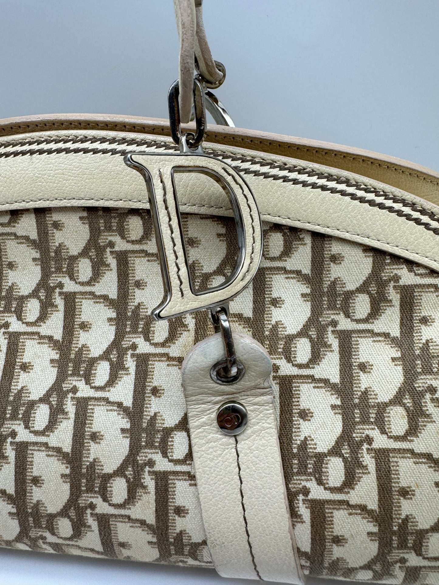 Authentic Christian Dior Beige Trotter Cloth Multi-Color Embroidered Floral Bowler Bag