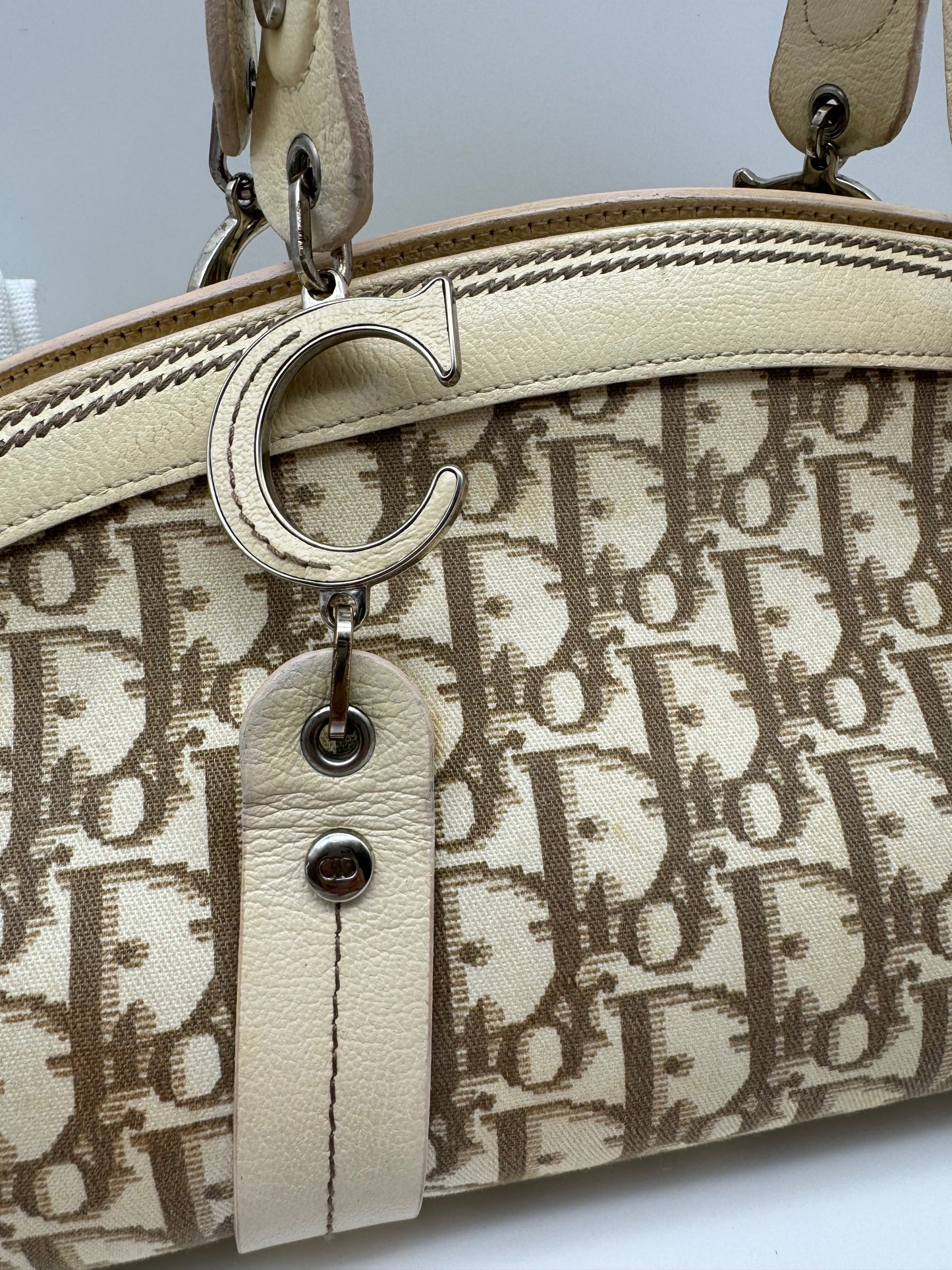 Authentic Christian Dior Beige Trotter Cloth Multi-Color Embroidered Floral Bowler Bag
