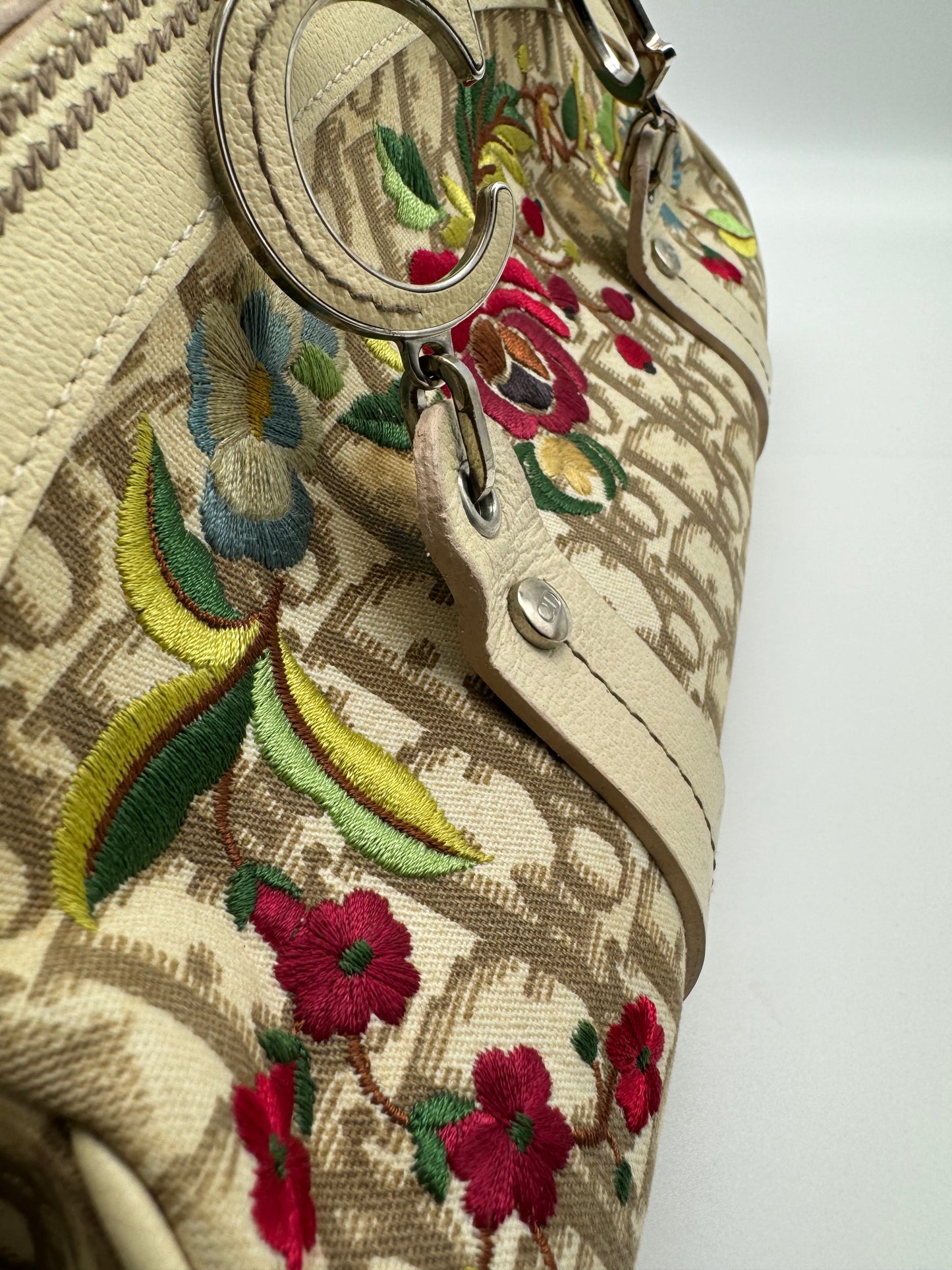 Authentic Christian Dior Beige Trotter Cloth Multi-Color Embroidered Floral Bowler Bag