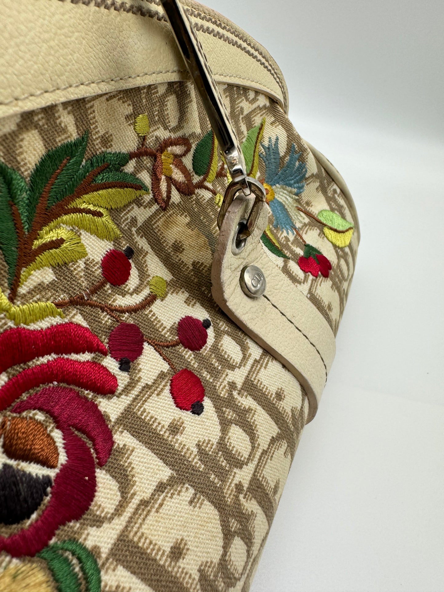 Authentic Christian Dior Beige Trotter Cloth Multi-Color Embroidered Floral Bowler Bag