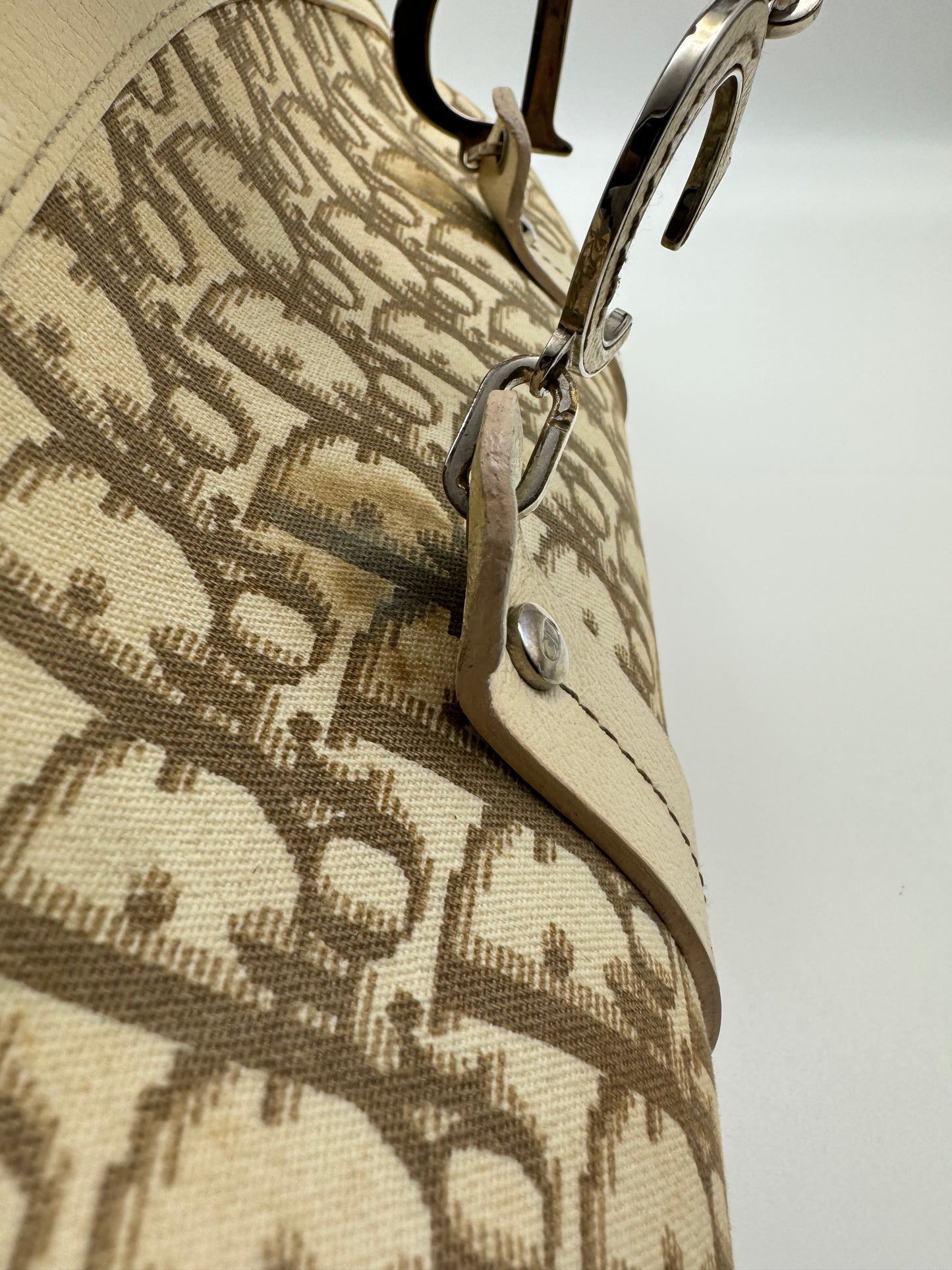 Authentic Christian Dior Beige Trotter Cloth Multi-Color Embroidered Floral Bowler Bag