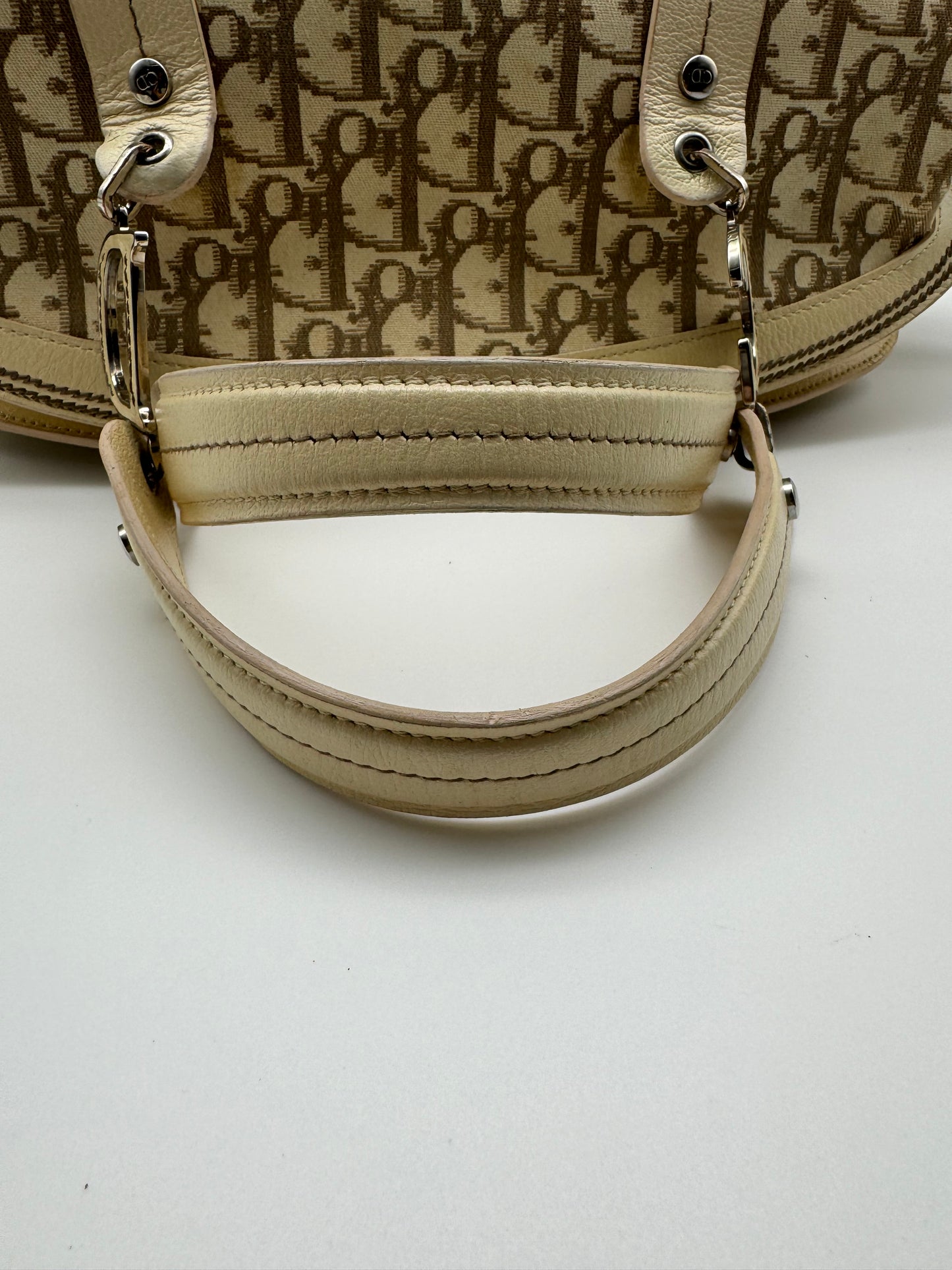Authentic Christian Dior Beige Trotter Cloth Multi-Color Embroidered Floral Bowler Bag