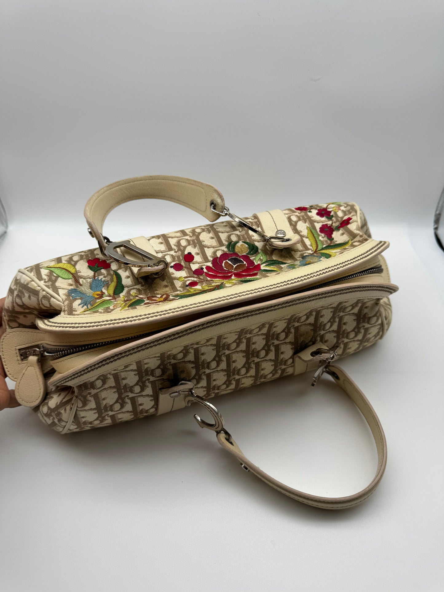 Authentic Christian Dior Beige Trotter Cloth Multi-Color Embroidered Floral Bowler Bag