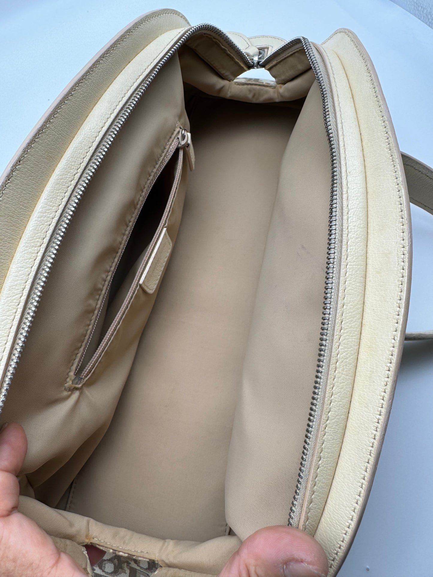 Authentic Christian Dior Beige Trotter Cloth Multi-Color Embroidered Floral Bowler Bag