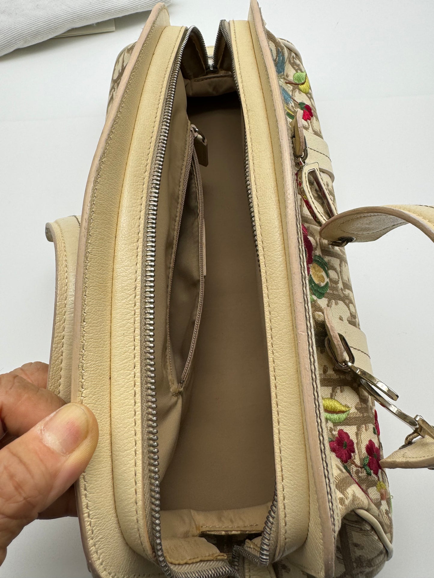 Authentic Christian Dior Beige Trotter Cloth Multi-Color Embroidered Floral Bowler Bag
