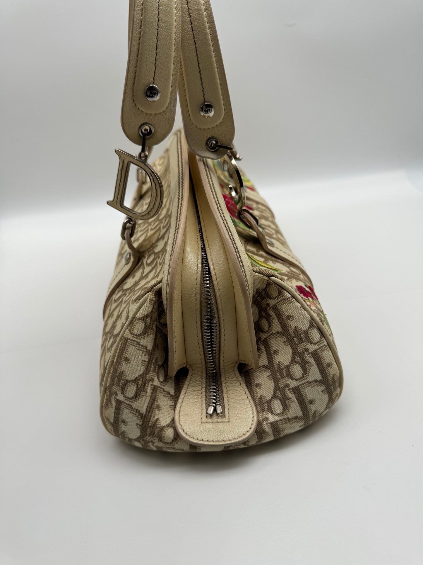 Authentic Christian Dior Beige Trotter Cloth Multi-Color Embroidered Floral Bowler Bag