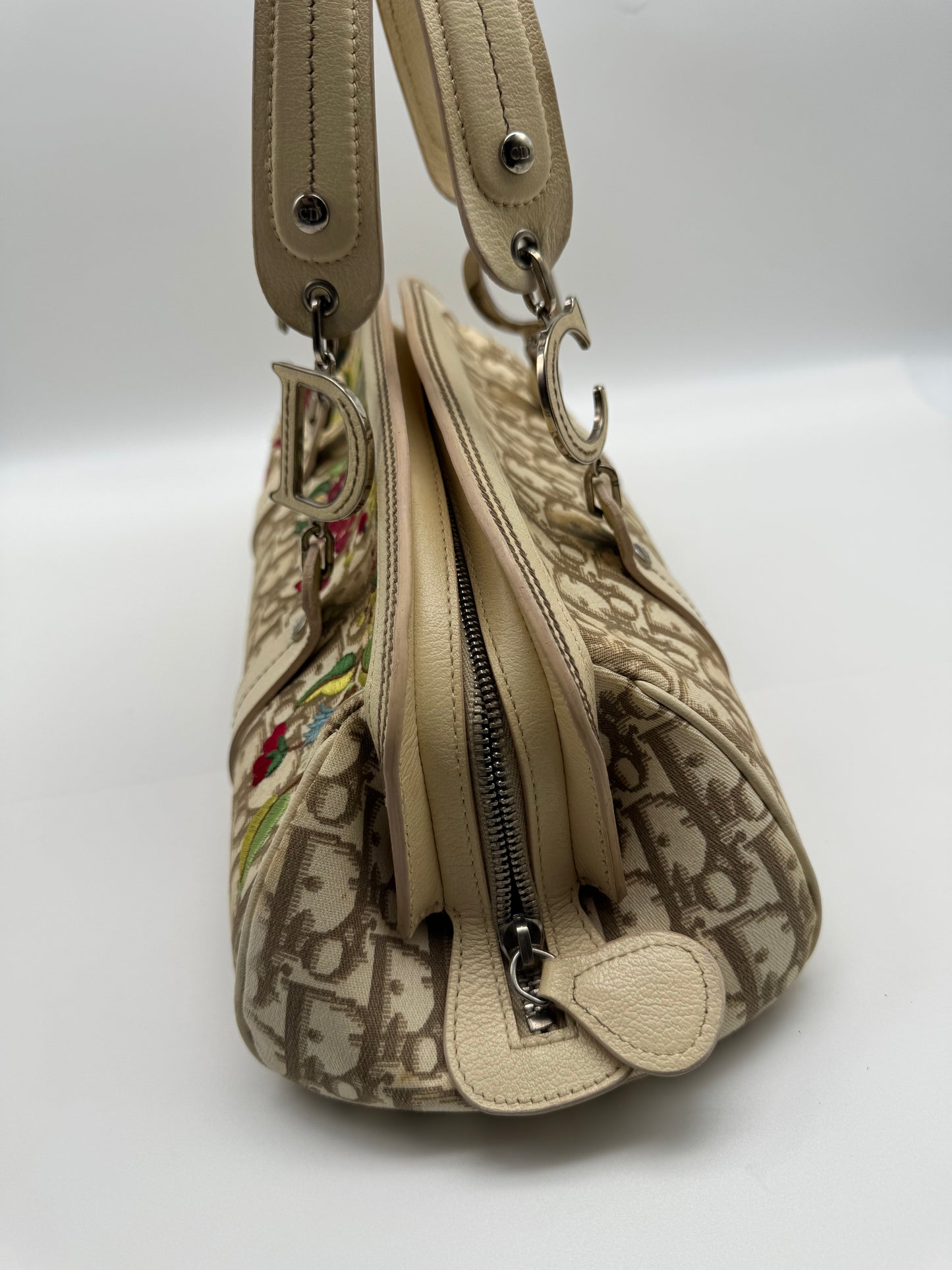 Authentic Christian Dior Beige Trotter Cloth Multi-Color Embroidered Floral Bowler Bag