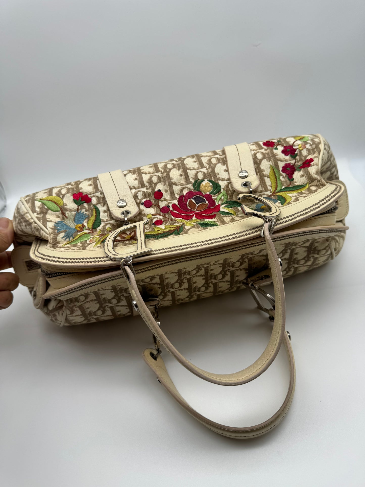 Authentic Christian Dior Beige Trotter Cloth Multi-Color Embroidered Floral Bowler Bag