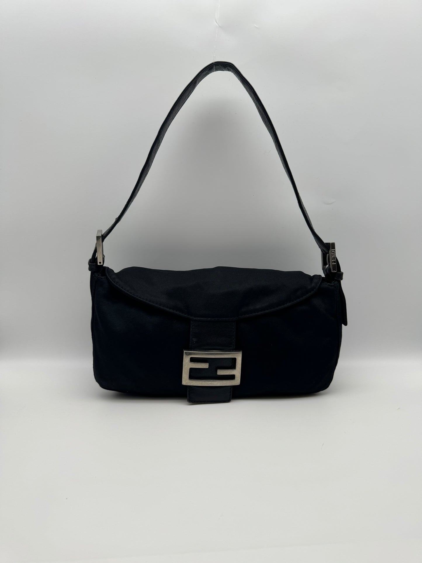 Authentic Fendi Mamma Baguette Black Fabric Double Flap Shoulder Bag