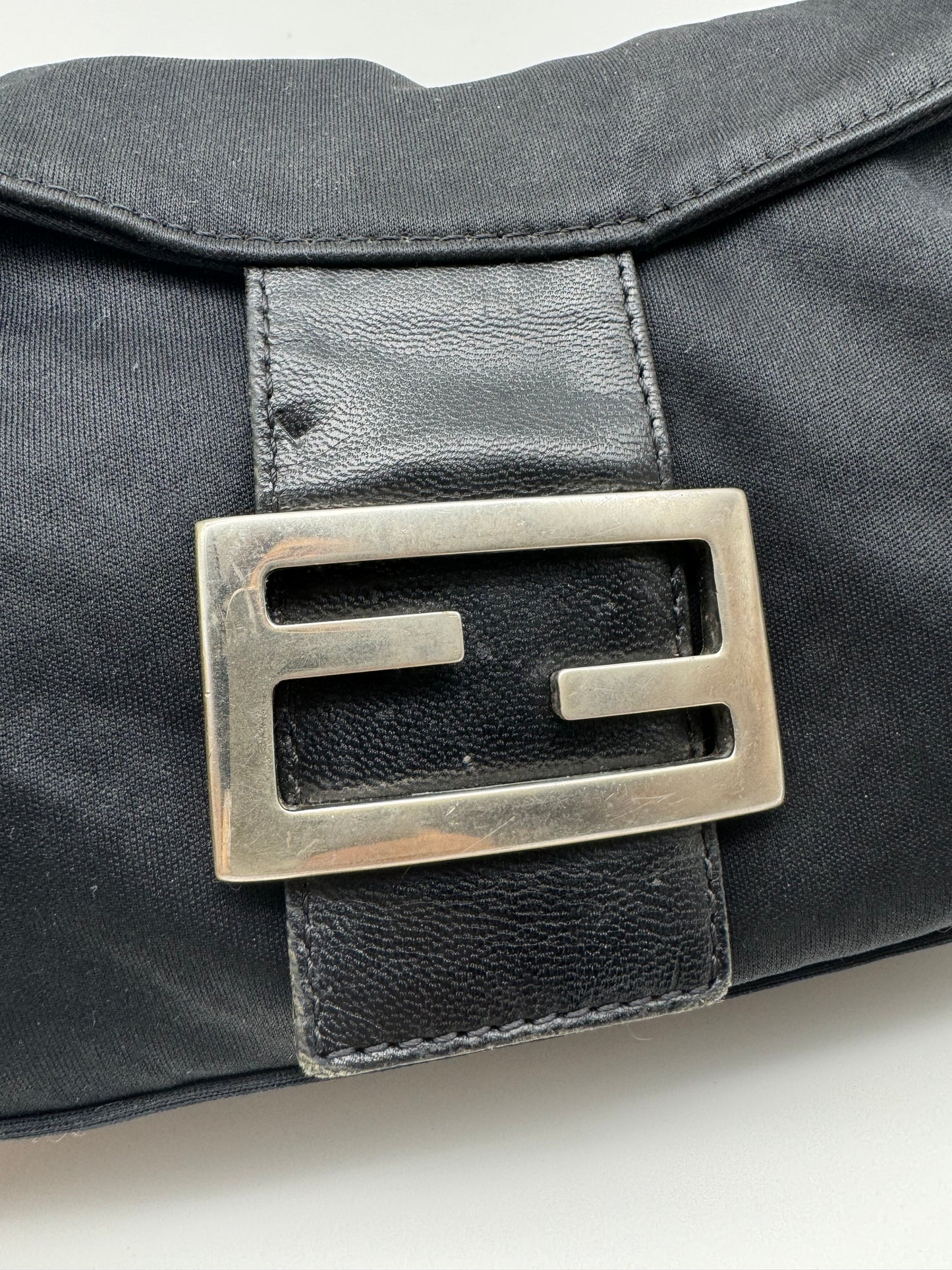 Authentic Fendi Mamma Baguette Black Fabric Double Flap Shoulder Bag
