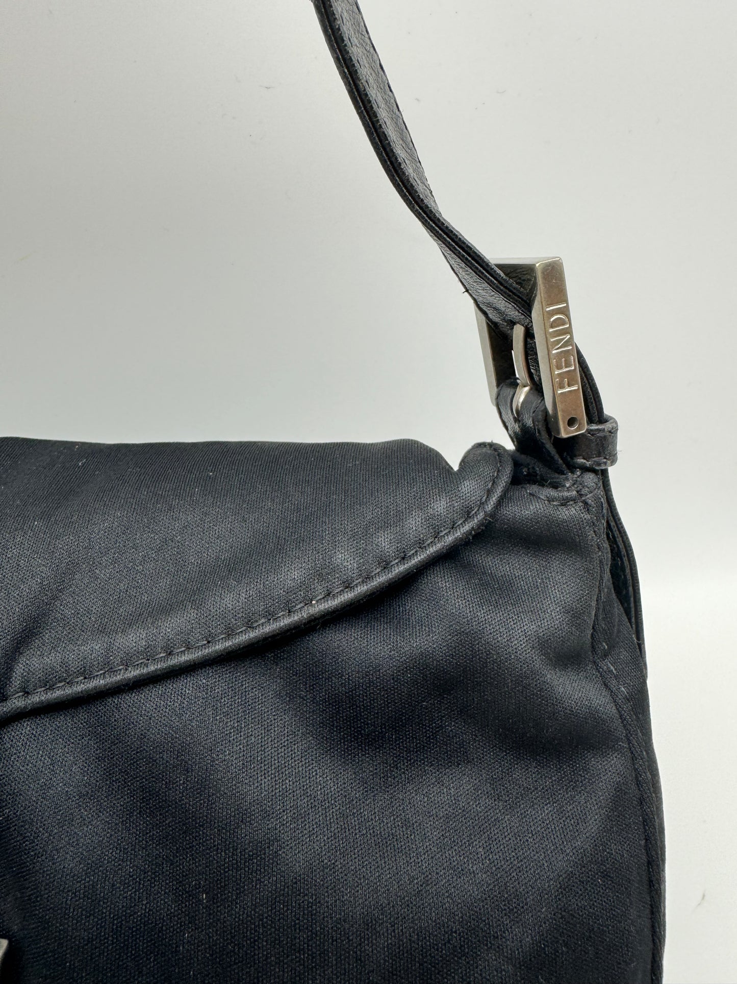 Authentic Fendi Mamma Baguette Black Fabric Double Flap Shoulder Bag
