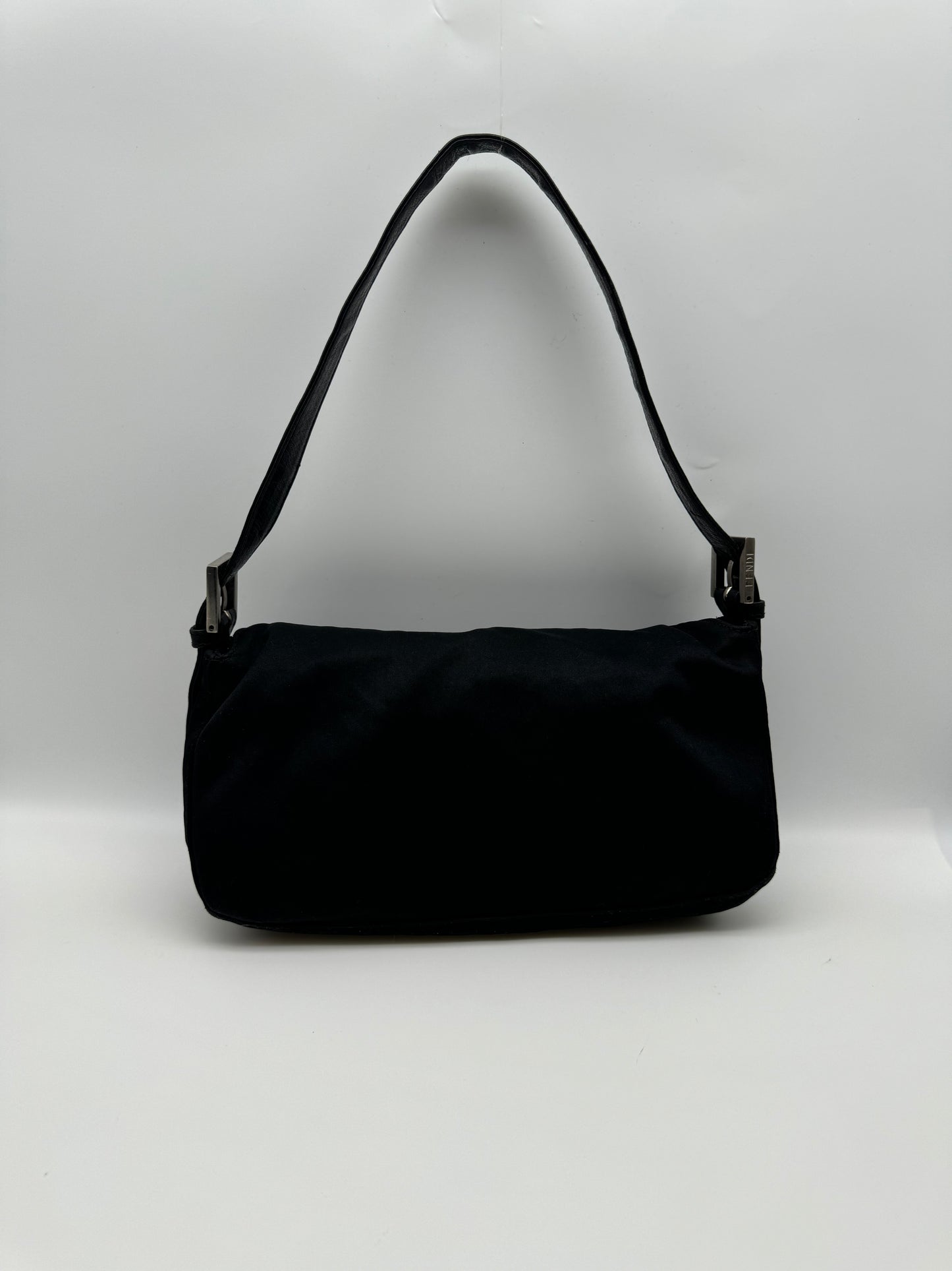 Authentic Fendi Mamma Baguette Black Fabric Double Flap Shoulder Bag