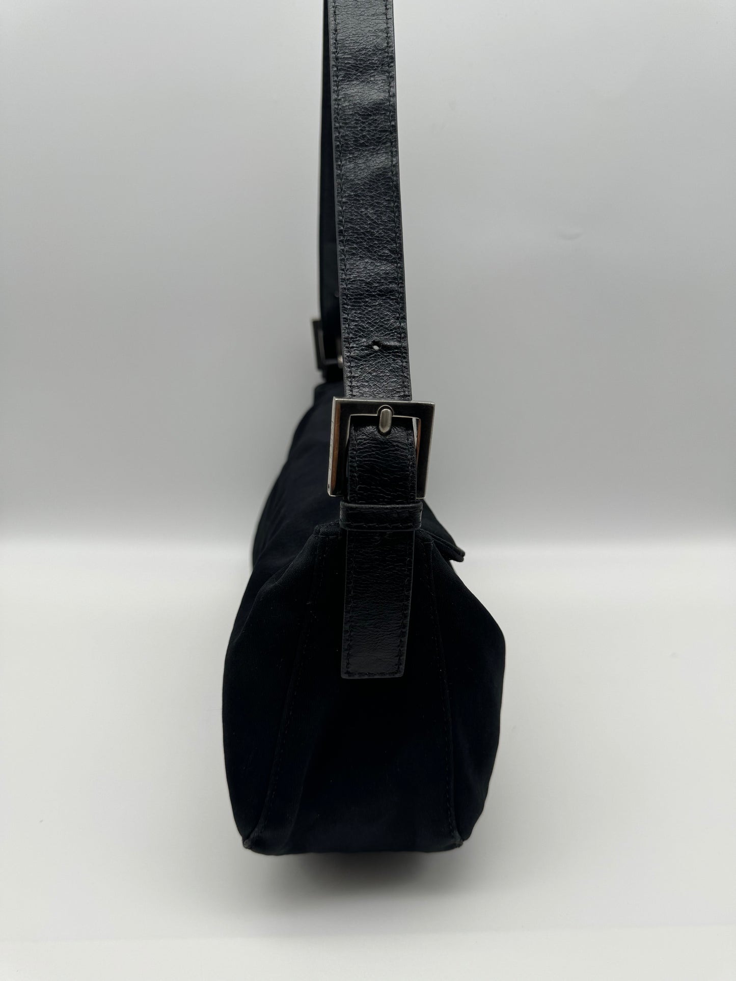 Authentic Fendi Mamma Baguette Black Fabric Double Flap Shoulder Bag