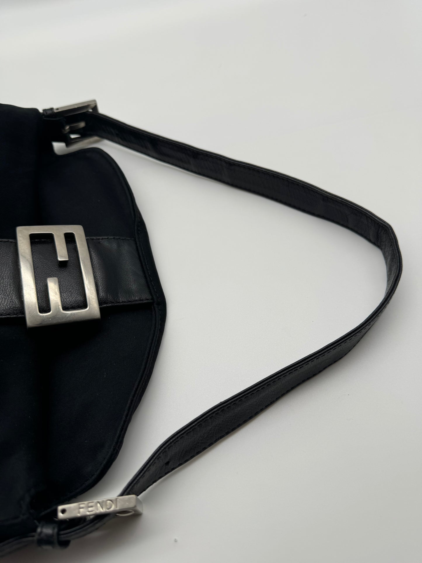Authentic Fendi Mamma Baguette Black Fabric Double Flap Shoulder Bag