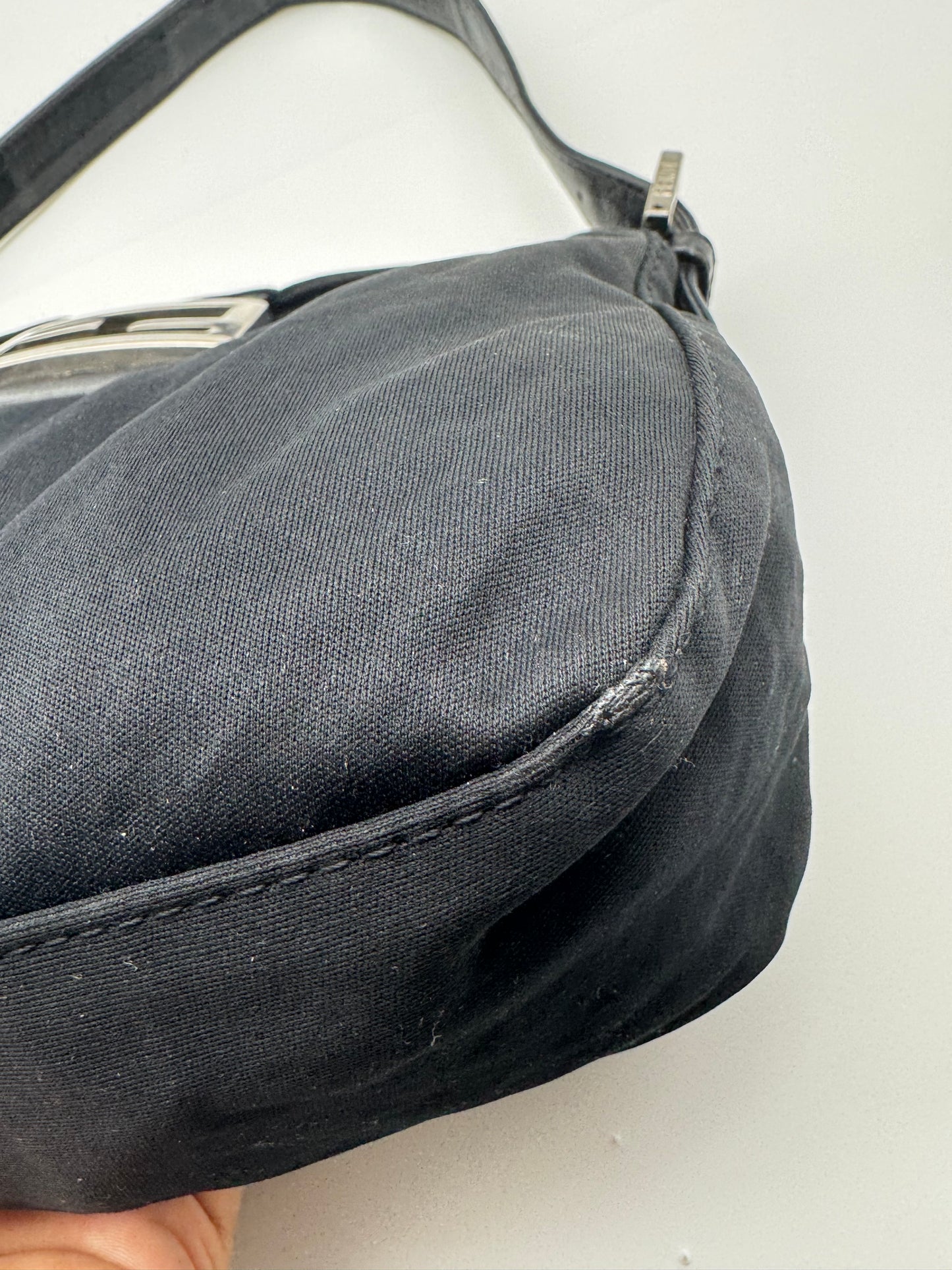 Authentic Fendi Mamma Baguette Black Fabric Double Flap Shoulder Bag