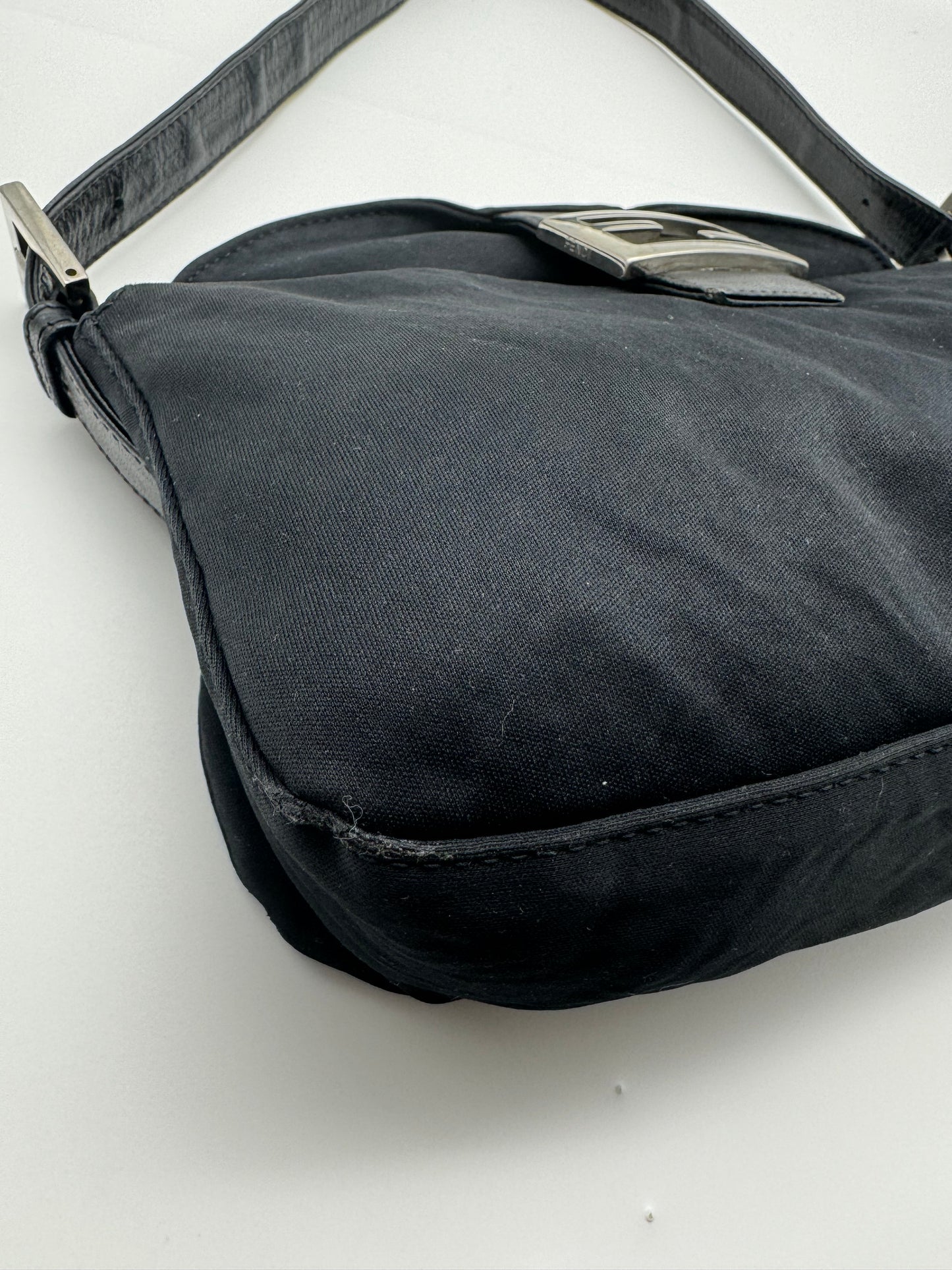 Authentic Fendi Mamma Baguette Black Fabric Double Flap Shoulder Bag