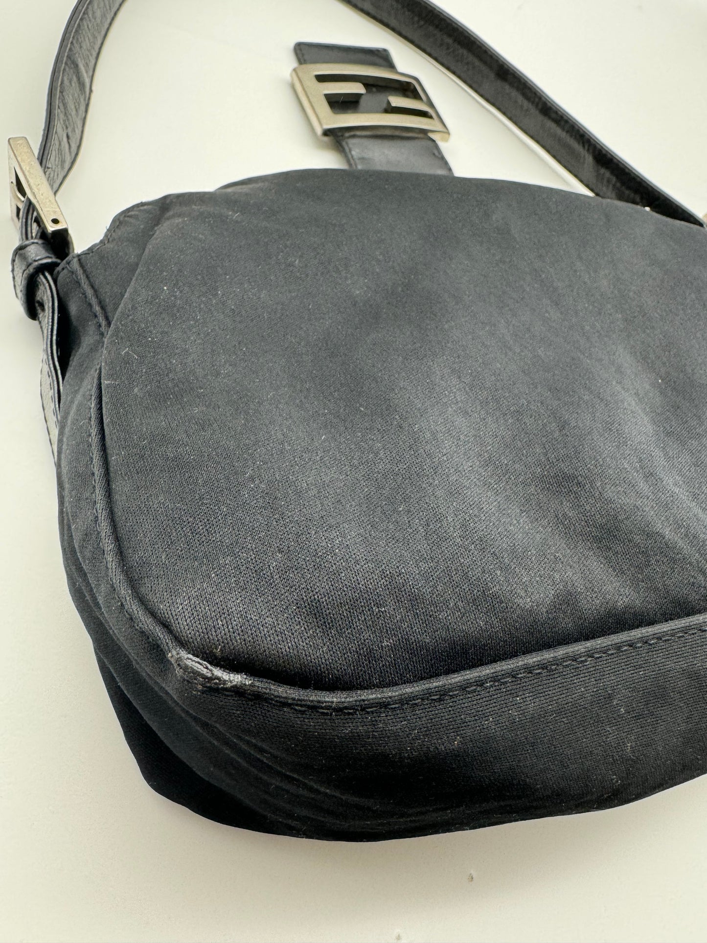 Authentic Fendi Mamma Baguette Black Fabric Double Flap Shoulder Bag