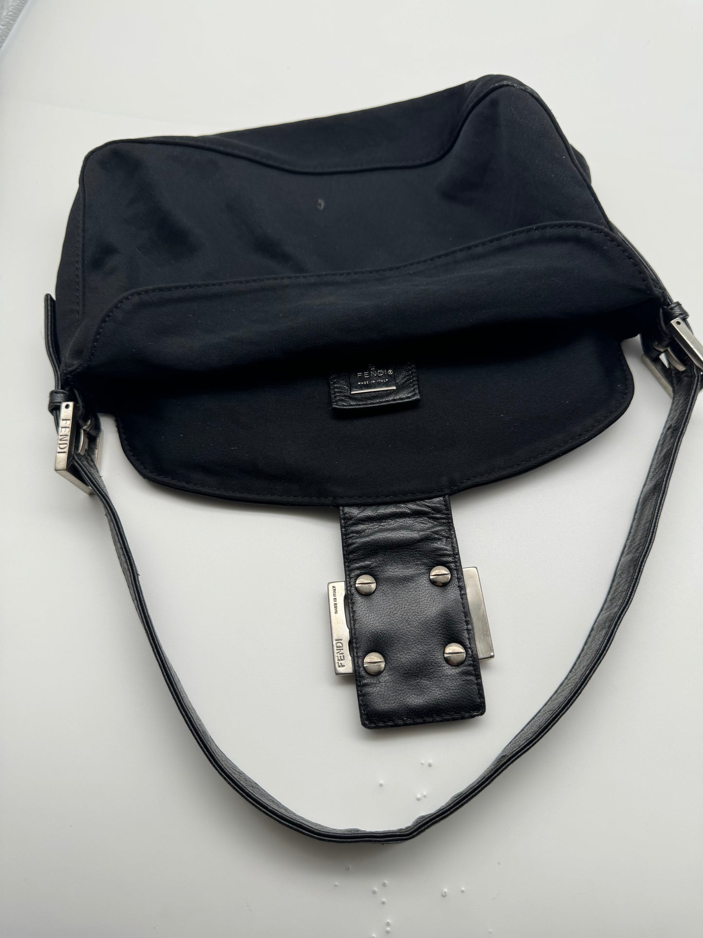Authentic Fendi Mamma Baguette Black Fabric Double Flap Shoulder Bag