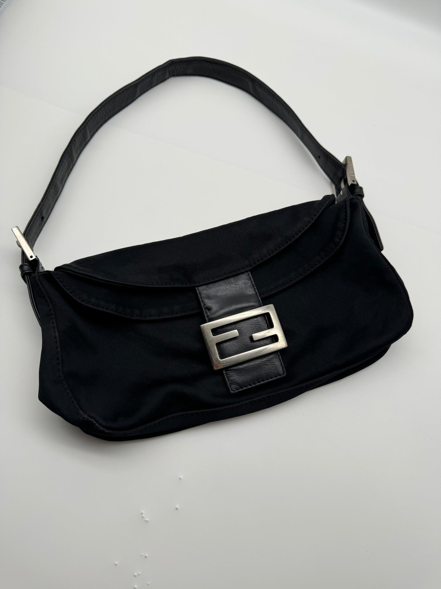 Authentic Fendi Mamma Baguette Black Fabric Double Flap Shoulder Bag