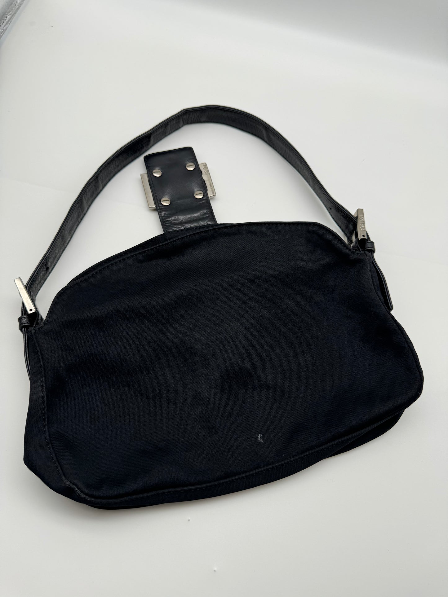 Authentic Fendi Mamma Baguette Black Fabric Double Flap Shoulder Bag
