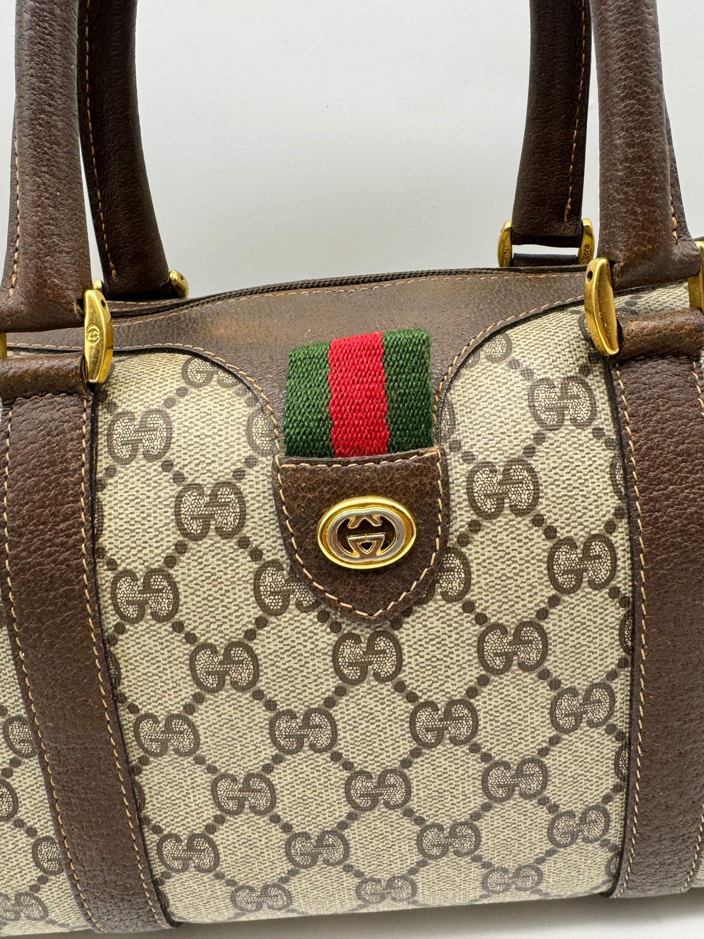Authentic Gucci Vintage Brown Monogram Coated Canvas Boston Bag