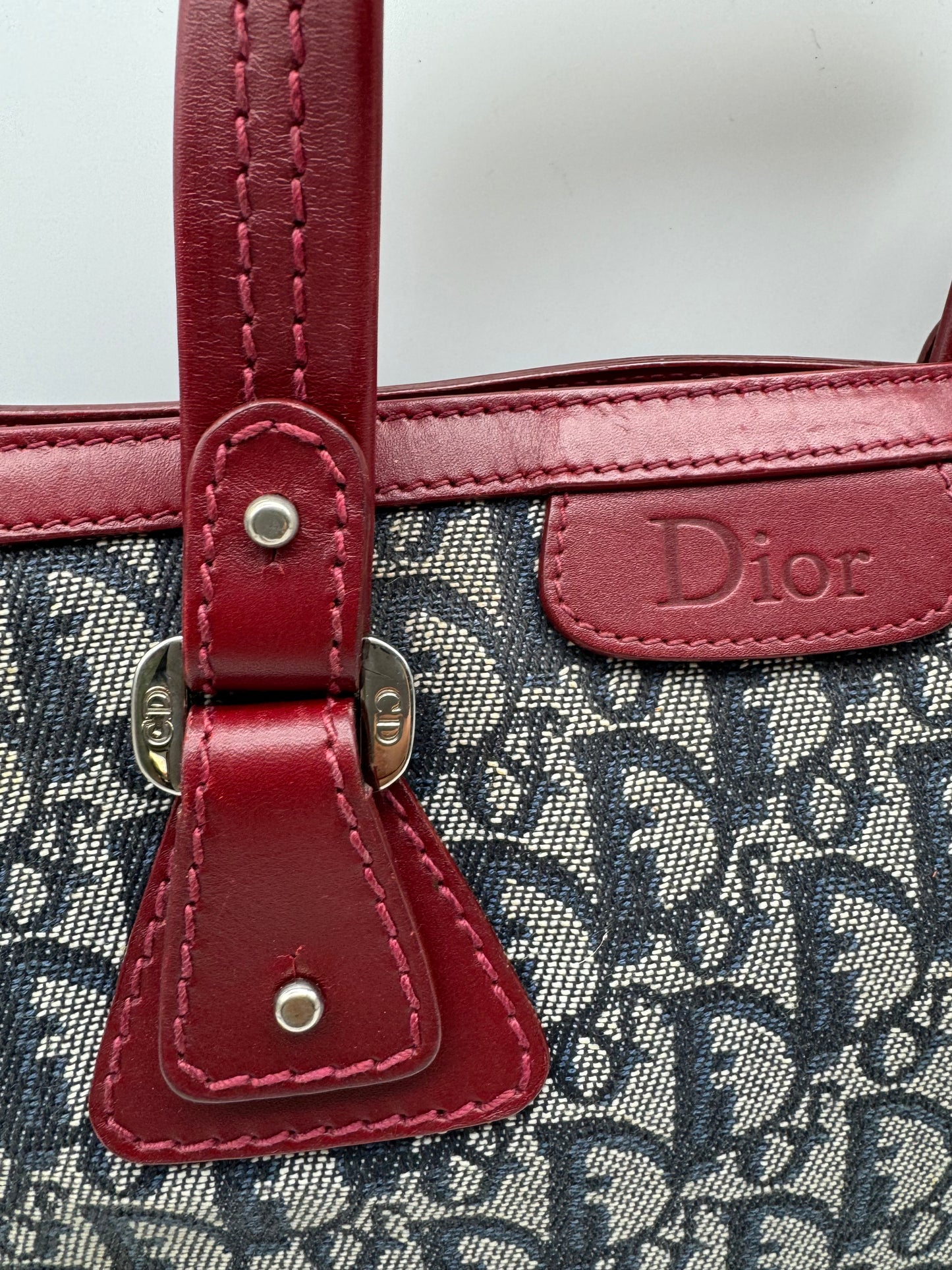 Authentic Christian Dior Tote Navy Blue Trotter Jacquard Cloth Handbag