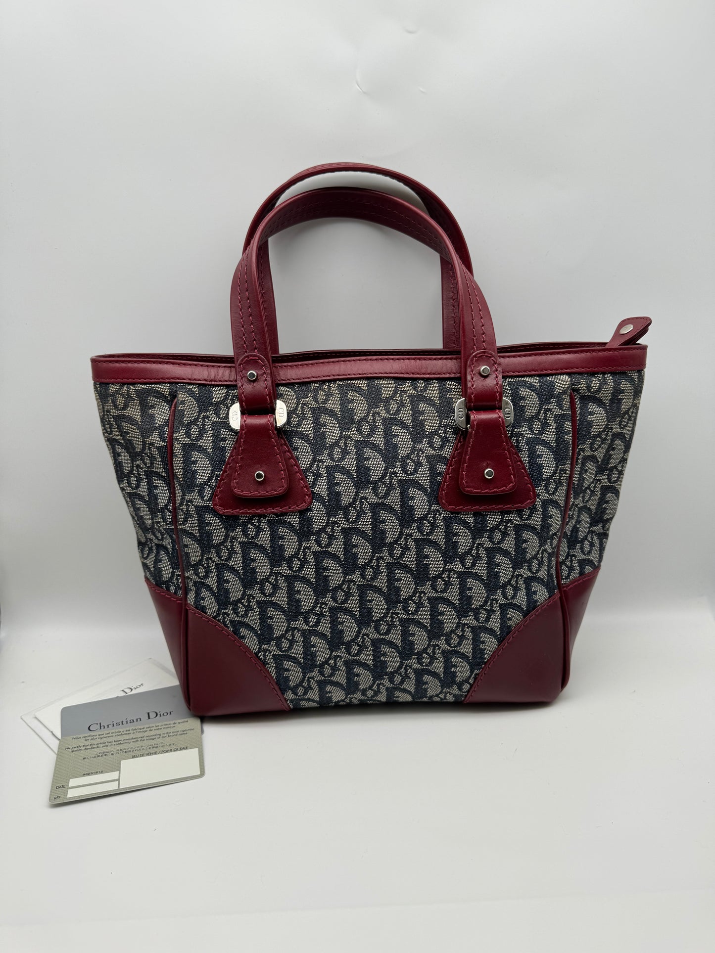 Authentic Christian Dior Tote Navy Blue Trotter Jacquard Cloth Handbag