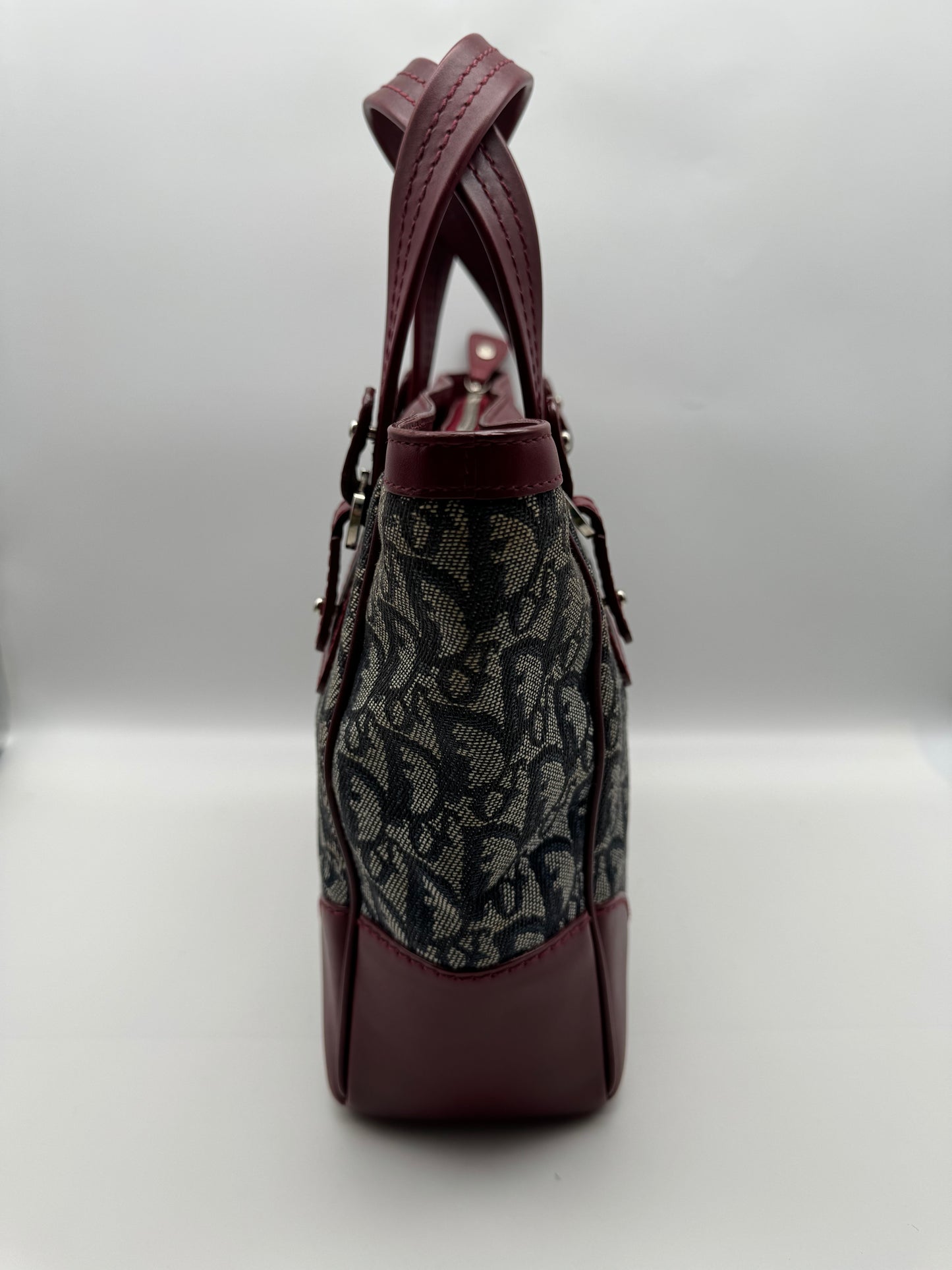Authentic Christian Dior Tote Navy Blue Trotter Jacquard Cloth Handbag