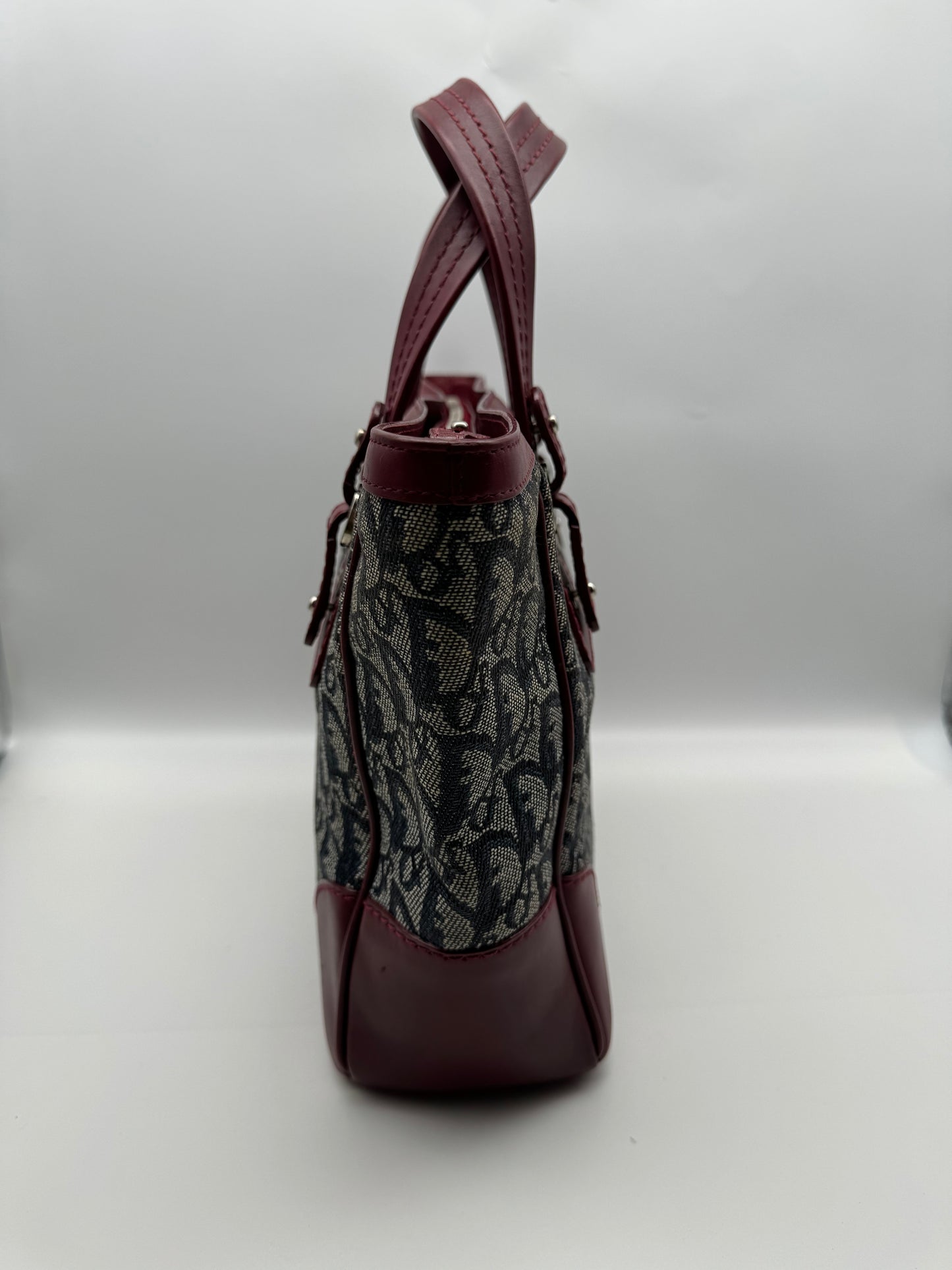Authentic Christian Dior Tote Navy Blue Trotter Jacquard Cloth Handbag