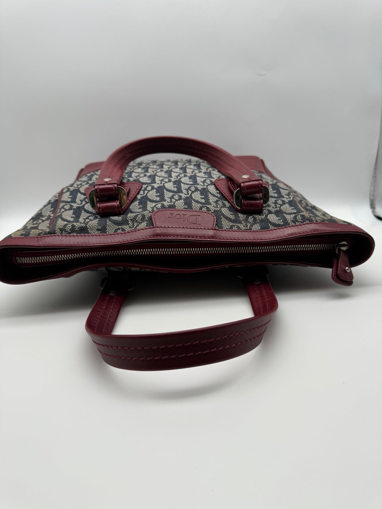 Authentic Christian Dior Tote Navy Blue Trotter Jacquard Cloth Handbag
