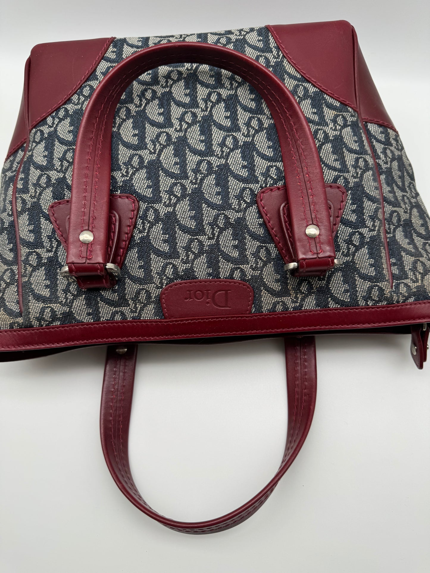 Authentic Christian Dior Tote Navy Blue Trotter Jacquard Cloth Handbag