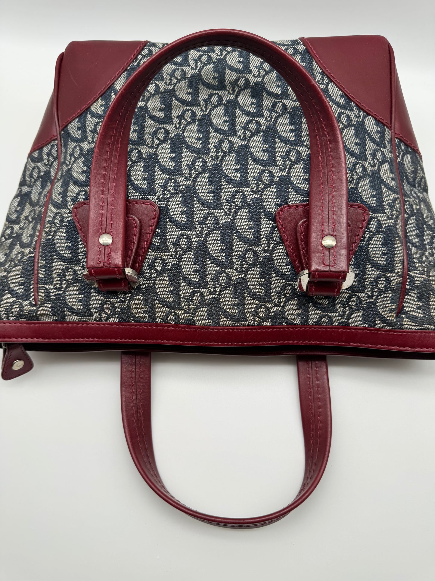 Authentic Christian Dior Tote Navy Blue Trotter Jacquard Cloth Handbag