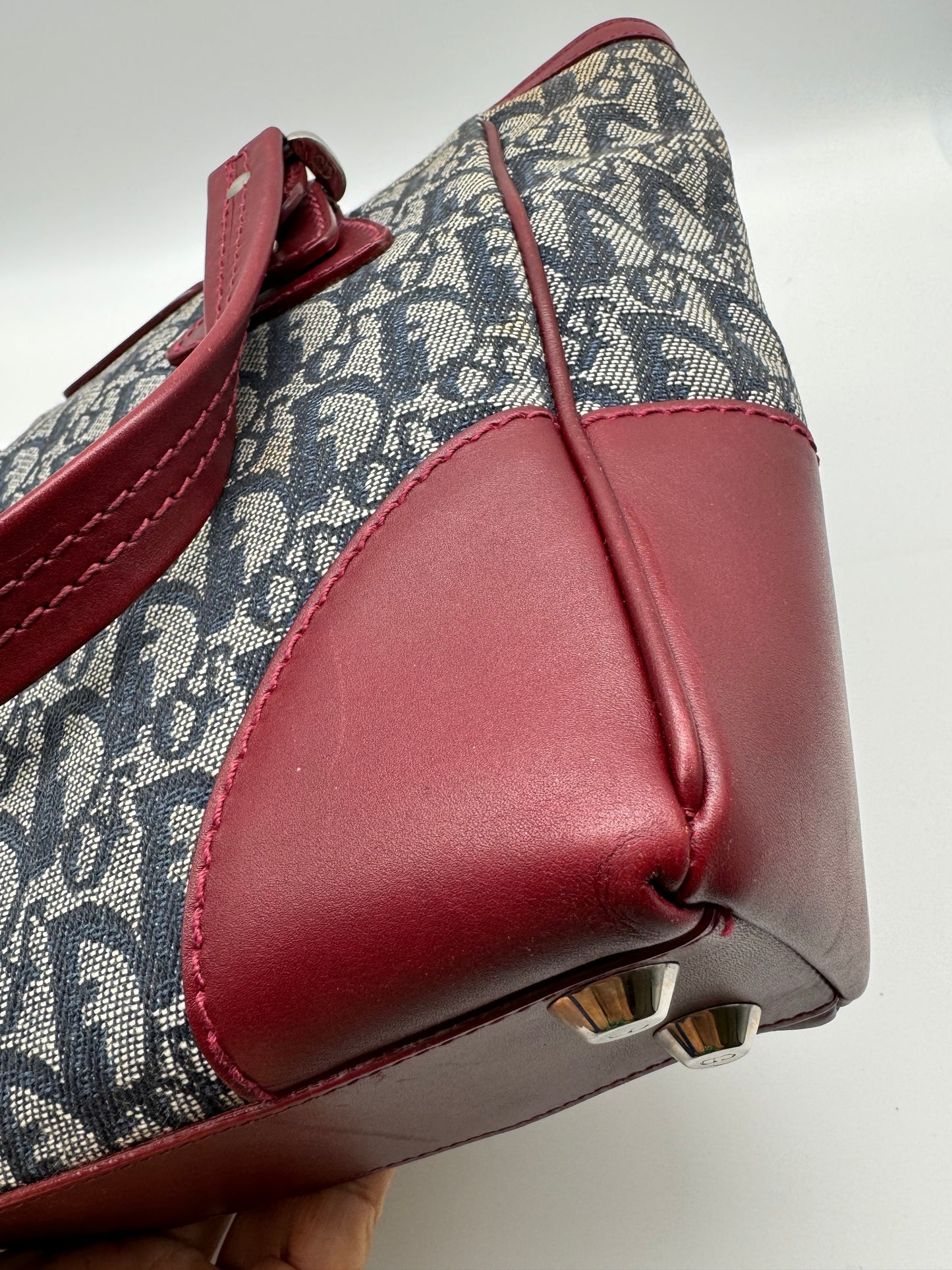Authentic Christian Dior Tote Navy Blue Trotter Jacquard Cloth Handbag