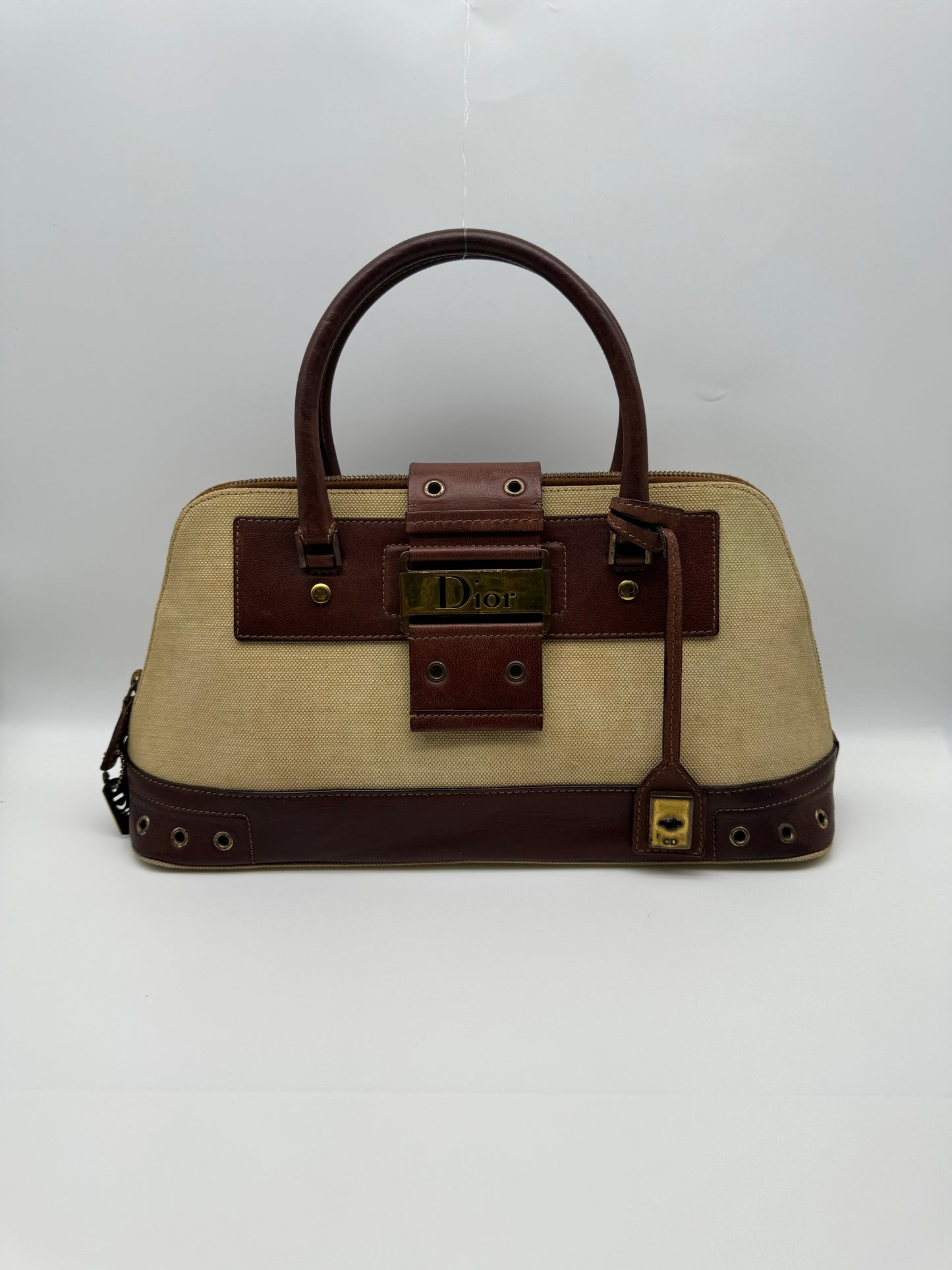 Authentic Vintage Christian Dior Street Chic Beige Canvas Brown Leather Bowler Satchel Bag