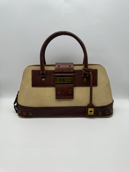 Authentic Vintage Christian Dior Street Chic Beige Canvas Brown Leather Bowler Satchel Bag
