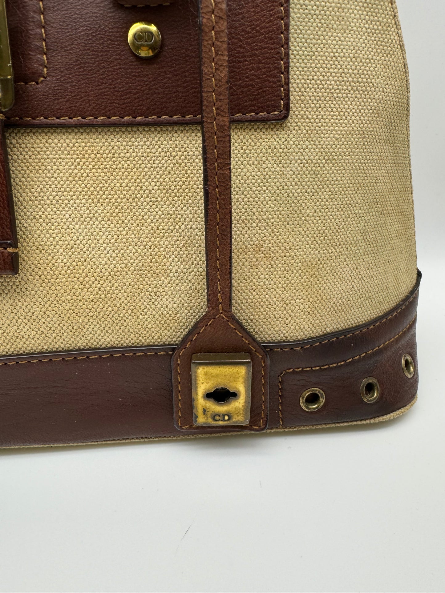 Authentic Vintage Christian Dior Street Chic Beige Canvas Brown Leather Bowler Satchel Bag