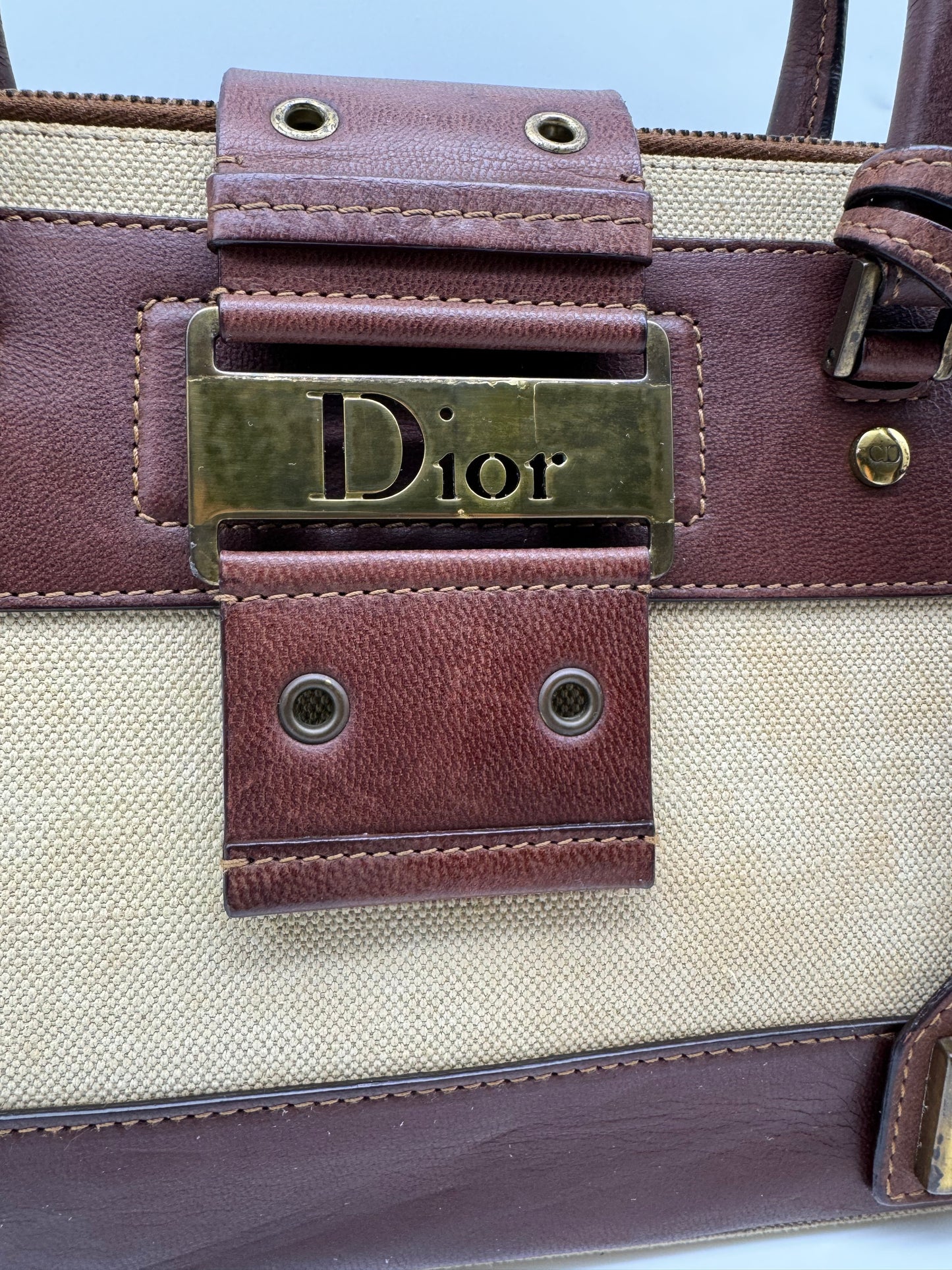 Authentic Vintage Christian Dior Street Chic Beige Canvas Brown Leather Bowler Satchel Bag