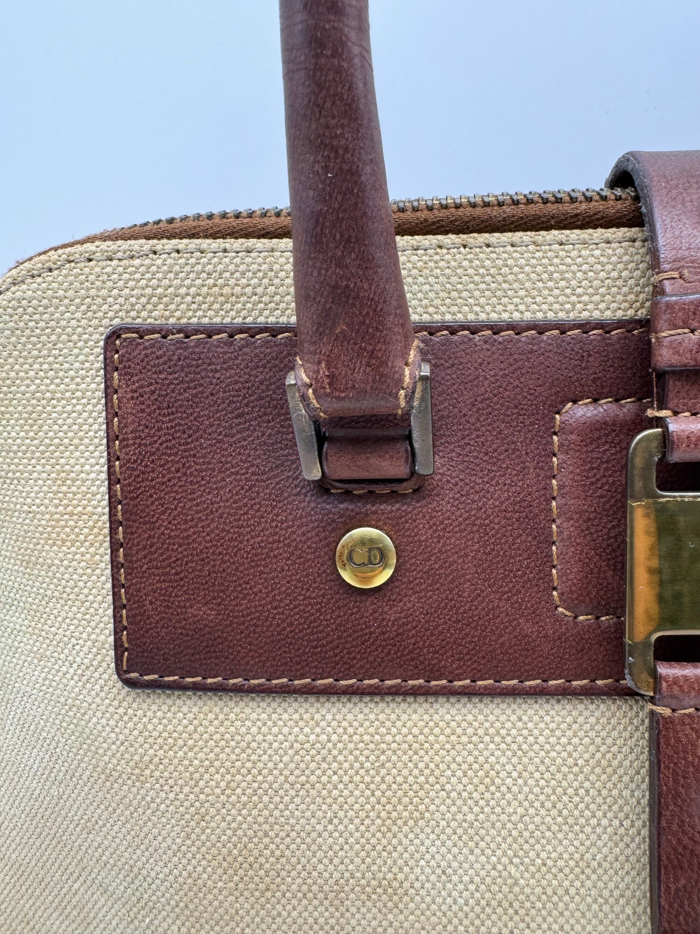 Authentic Vintage Christian Dior Street Chic Beige Canvas Brown Leather Bowler Satchel Bag