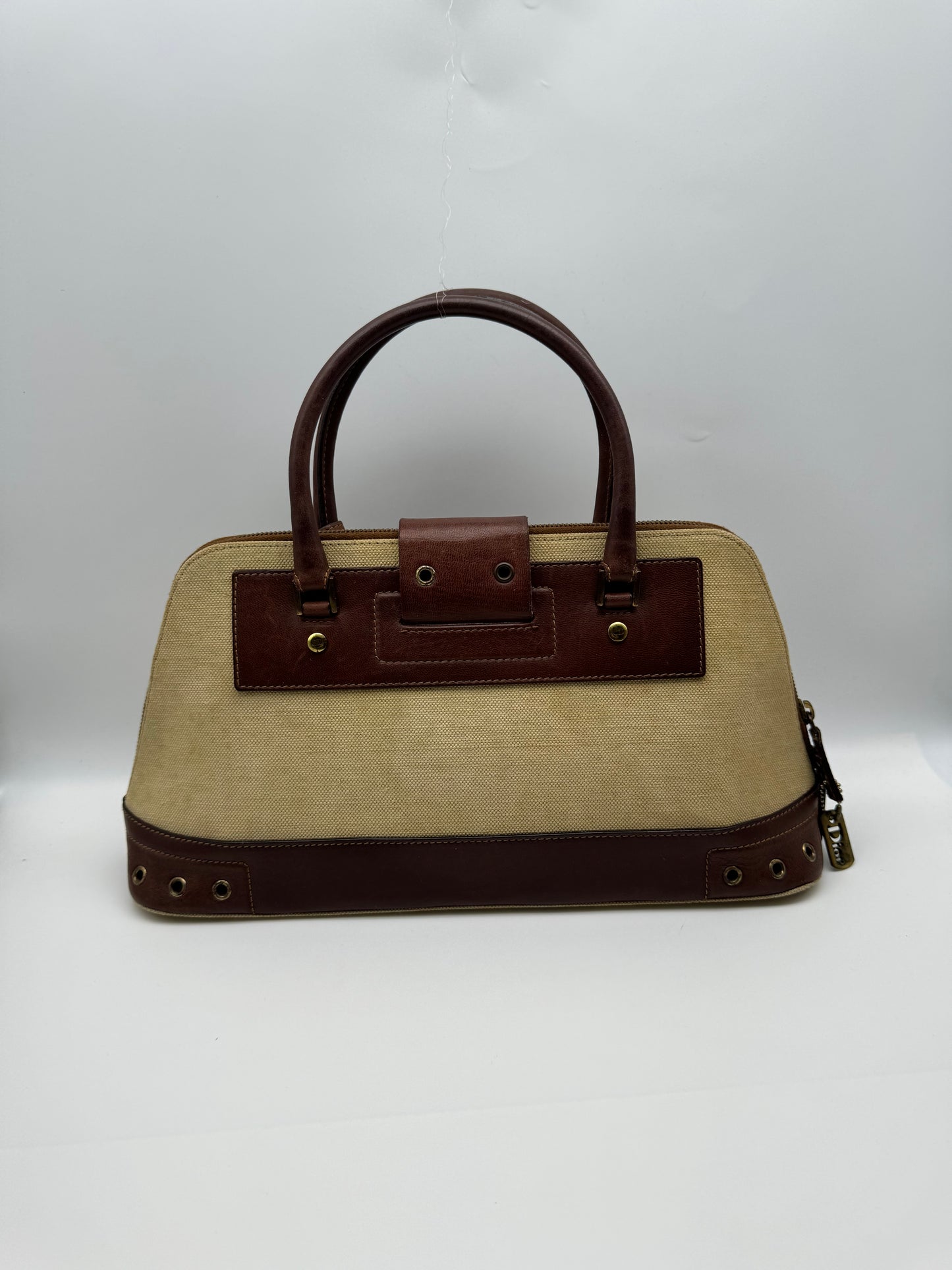 Authentic Vintage Christian Dior Street Chic Beige Canvas Brown Leather Bowler Satchel Bag