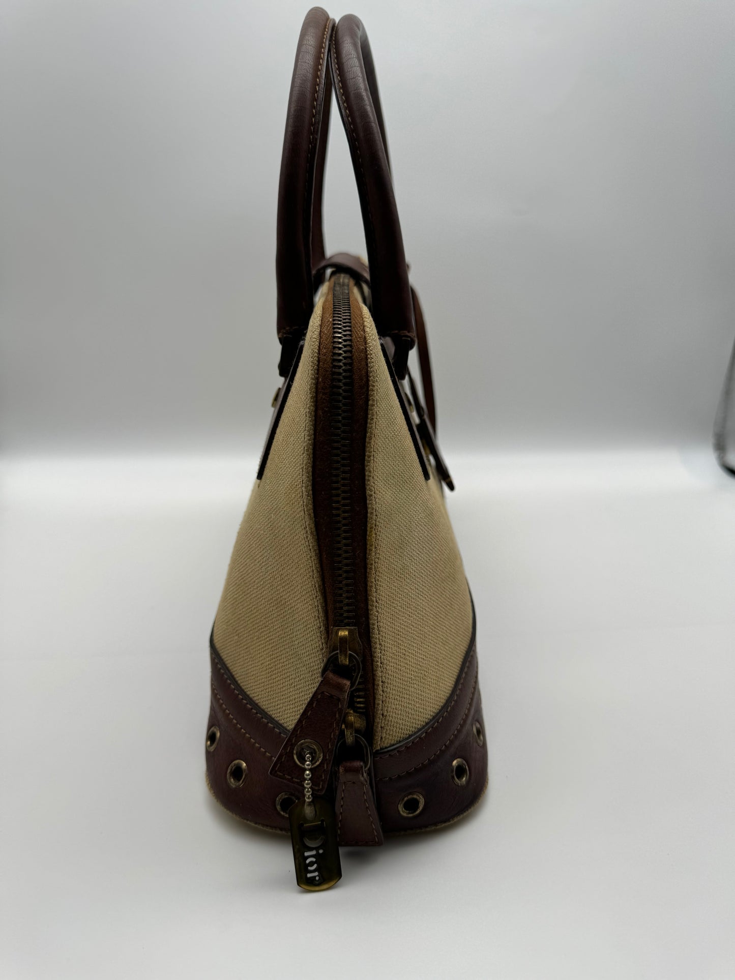 Authentic Vintage Christian Dior Street Chic Beige Canvas Brown Leather Bowler Satchel Bag