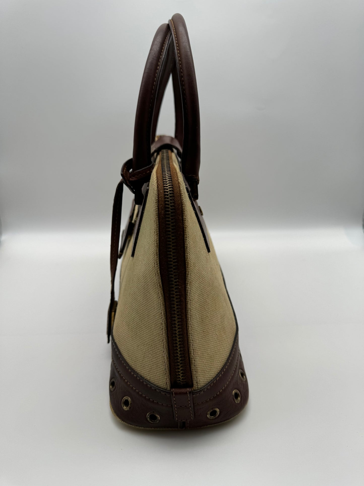 Authentic Vintage Christian Dior Street Chic Beige Canvas Brown Leather Bowler Satchel Bag