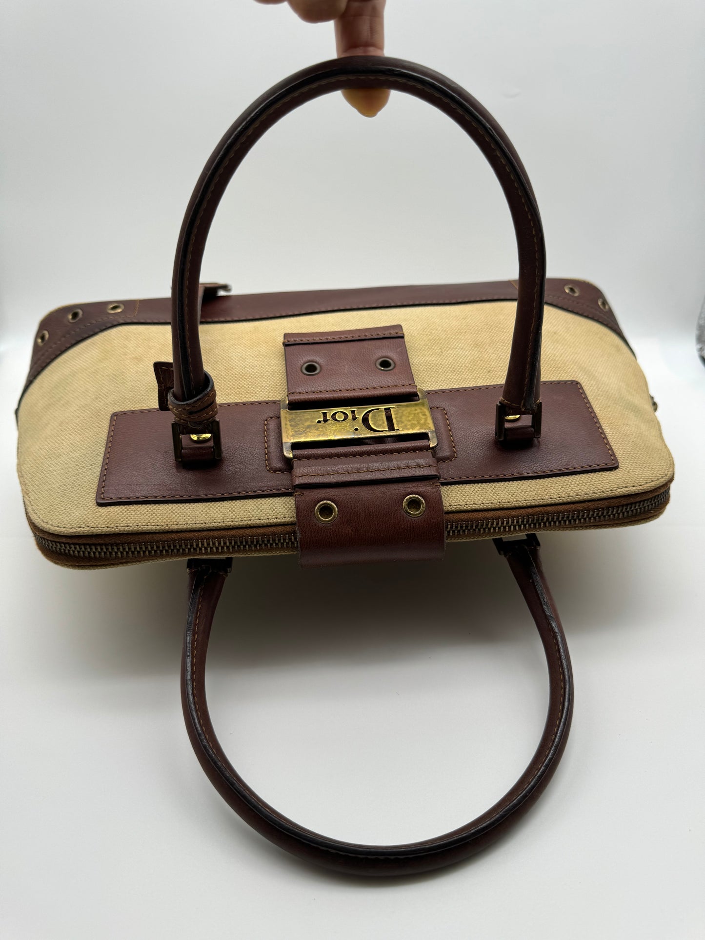 Authentic Vintage Christian Dior Street Chic Beige Canvas Brown Leather Bowler Satchel Bag