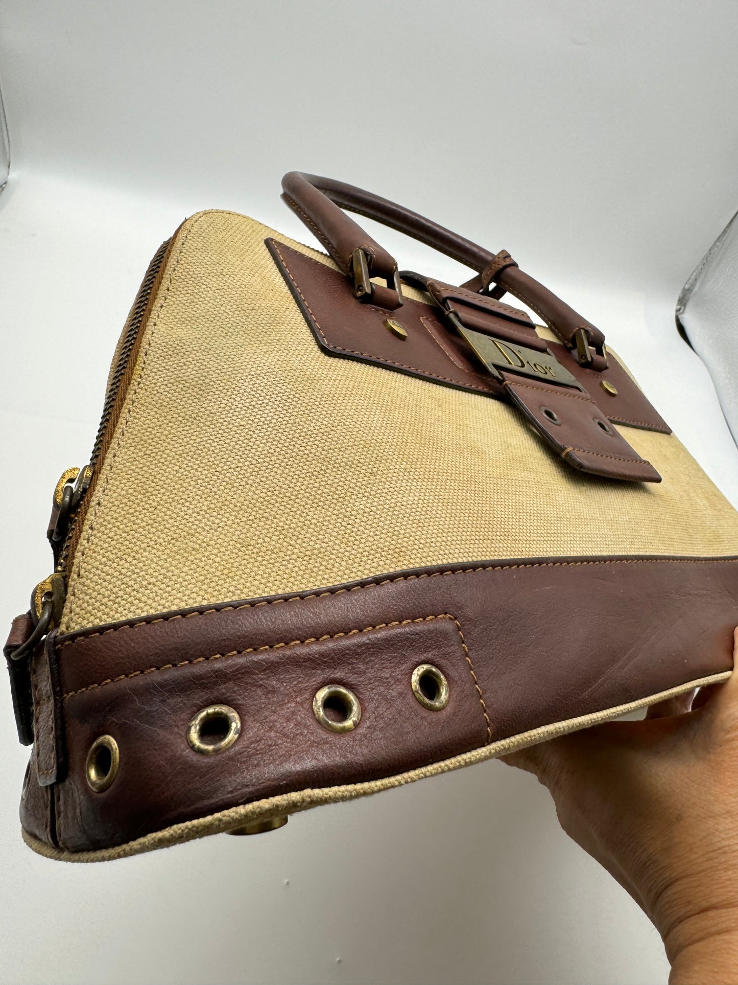 Authentic Vintage Christian Dior Street Chic Beige Canvas Brown Leather Bowler Satchel Bag