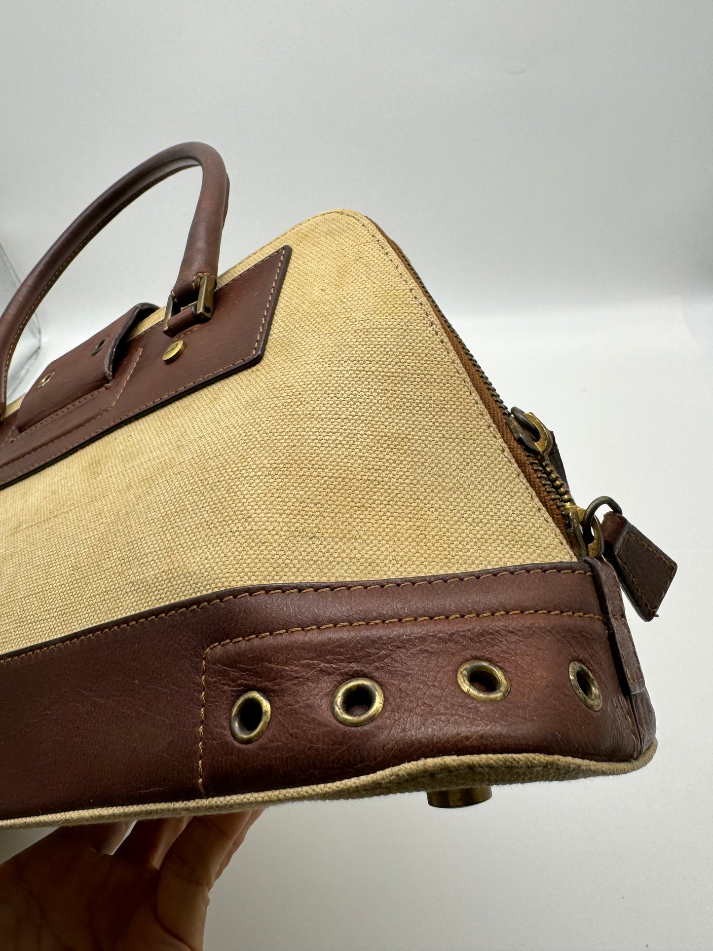 Authentic Vintage Christian Dior Street Chic Beige Canvas Brown Leather Bowler Satchel Bag