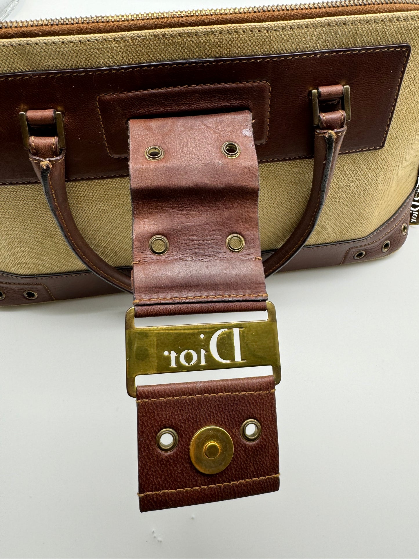 Authentic Vintage Christian Dior Street Chic Beige Canvas Brown Leather Bowler Satchel Bag