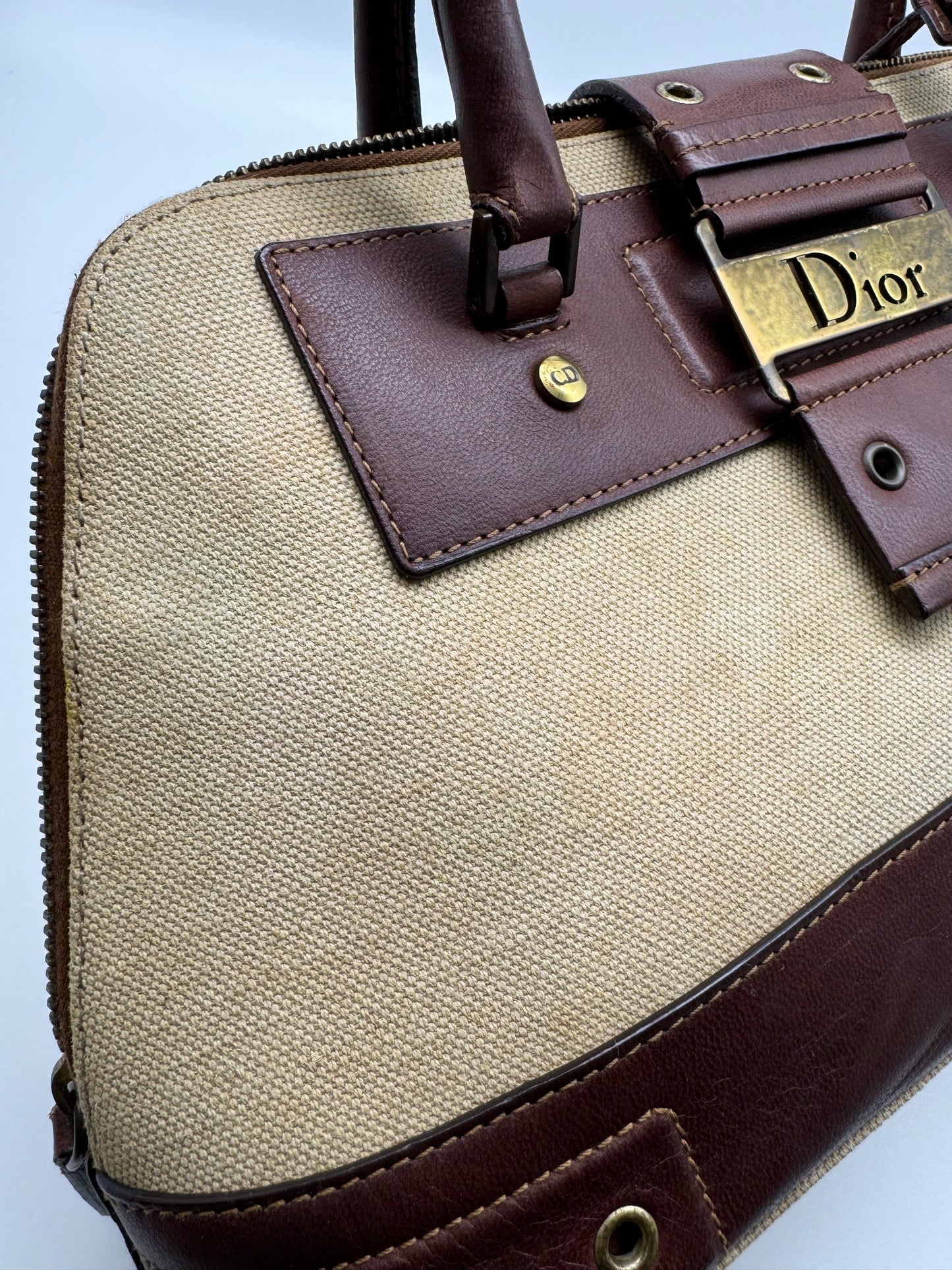 Authentic Vintage Christian Dior Street Chic Beige Canvas Brown Leather Bowler Satchel Bag