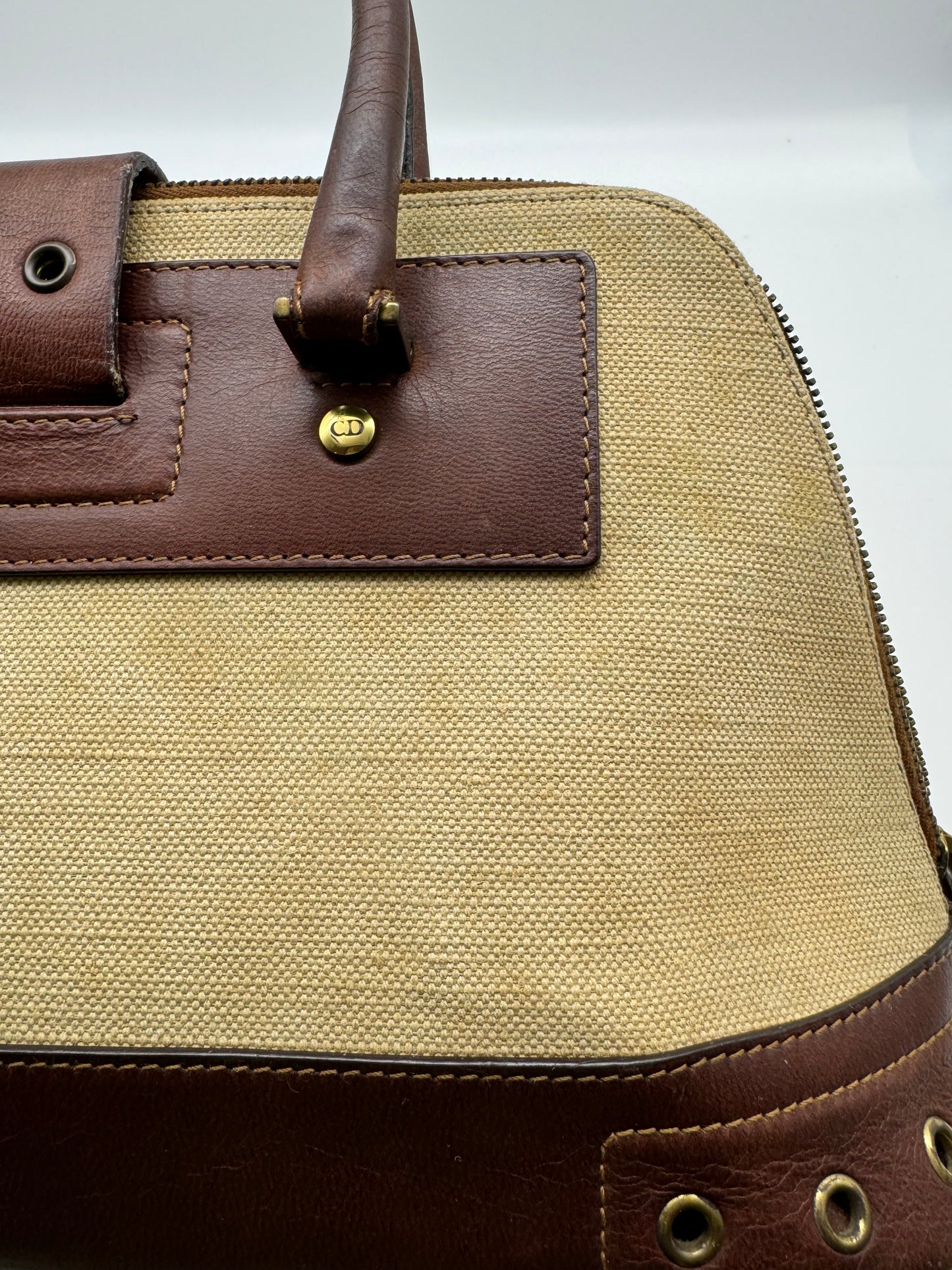 Authentic Vintage Christian Dior Street Chic Beige Canvas Brown Leather Bowler Satchel Bag