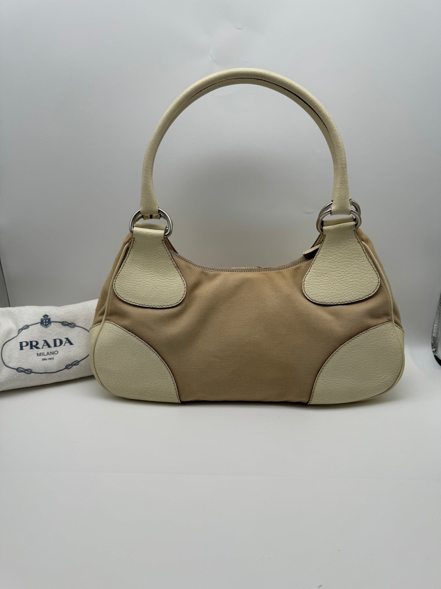 Authentic Prada Beige Canvas & Leather Bowling Handbag