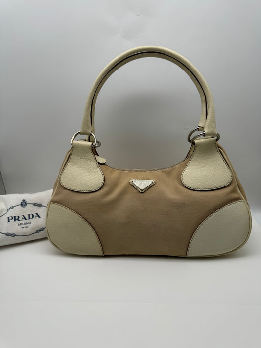 Authentic Prada Beige Canvas & Leather Bowling Handbag